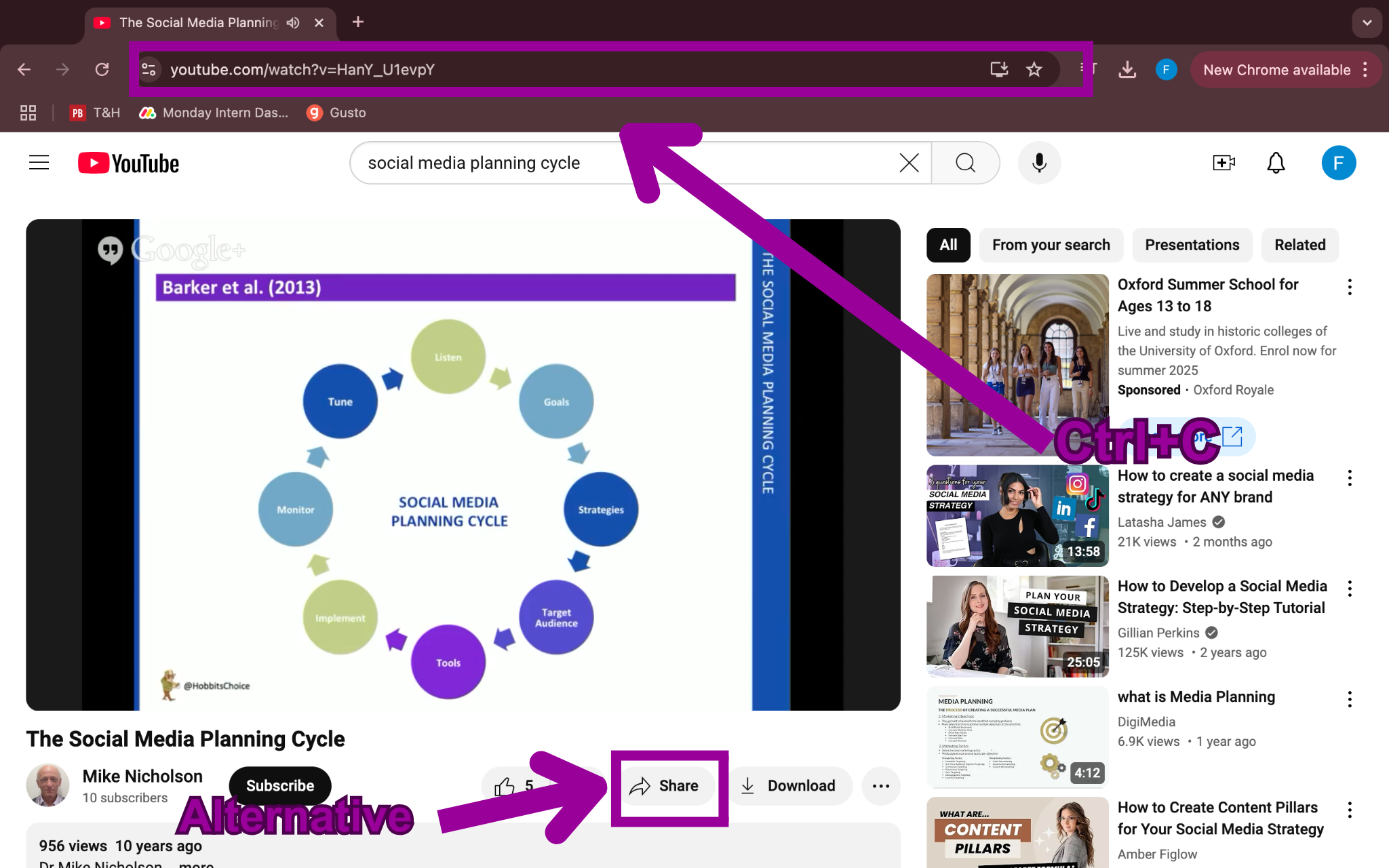 Youtube is open. There is a magenta arrow pointing at the web address and showing that the ctrl+c feature has been used. There is another magenta arrow pointing at the share button underneath the video being played.