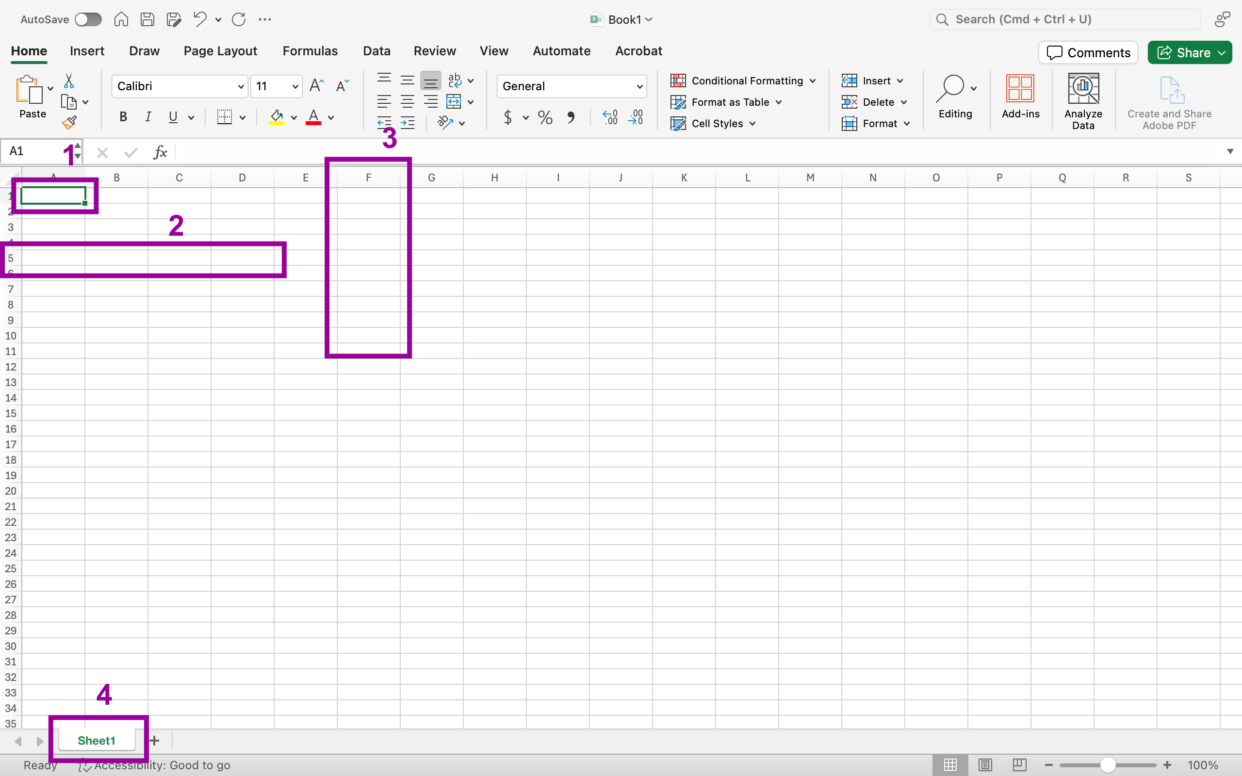 A blank Microsoft Excel document is open. There are four numbers and four different boxes. Each number and box are magenta. The first box represents where a cell is. The second number and box combination shows where a row is. The third box represents where the columns are. The fourth box represents the tabs beneath where data is entered. There is only one tab, and it is labeled Sheet1.