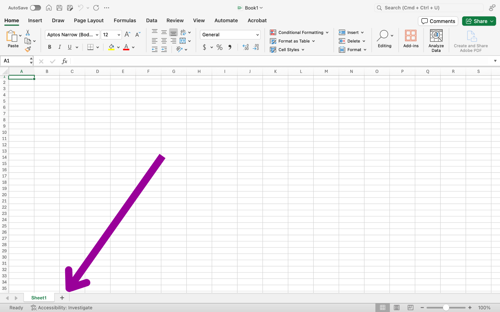 A blank excel sheet is open. A magenta arrow is pointing at the option to add a new sheet.