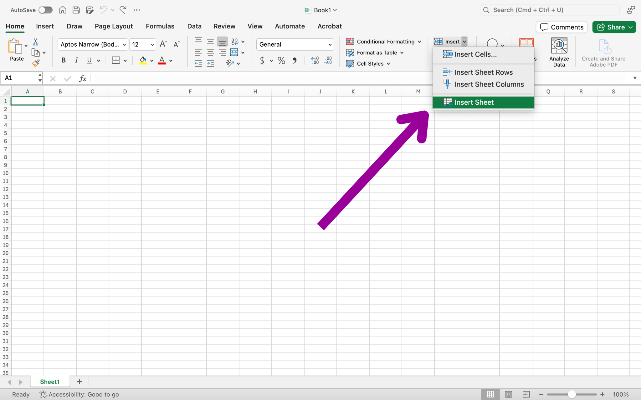 A blank excel sheet is open. There is a magenta arrow pointing to the insert dropdown menu, and specifically the insert sheet option.