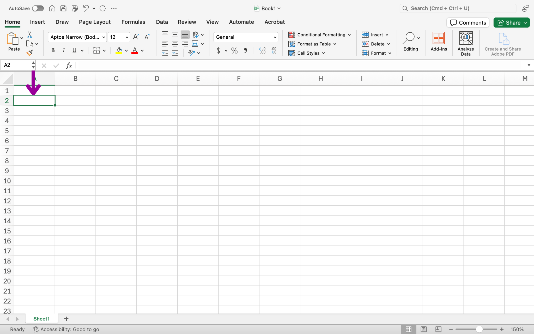 A blank Microsoft Excel sheet is open. There is a magenta arrow pointing downward signaling a transition of rows from cell A1 to cell A2.