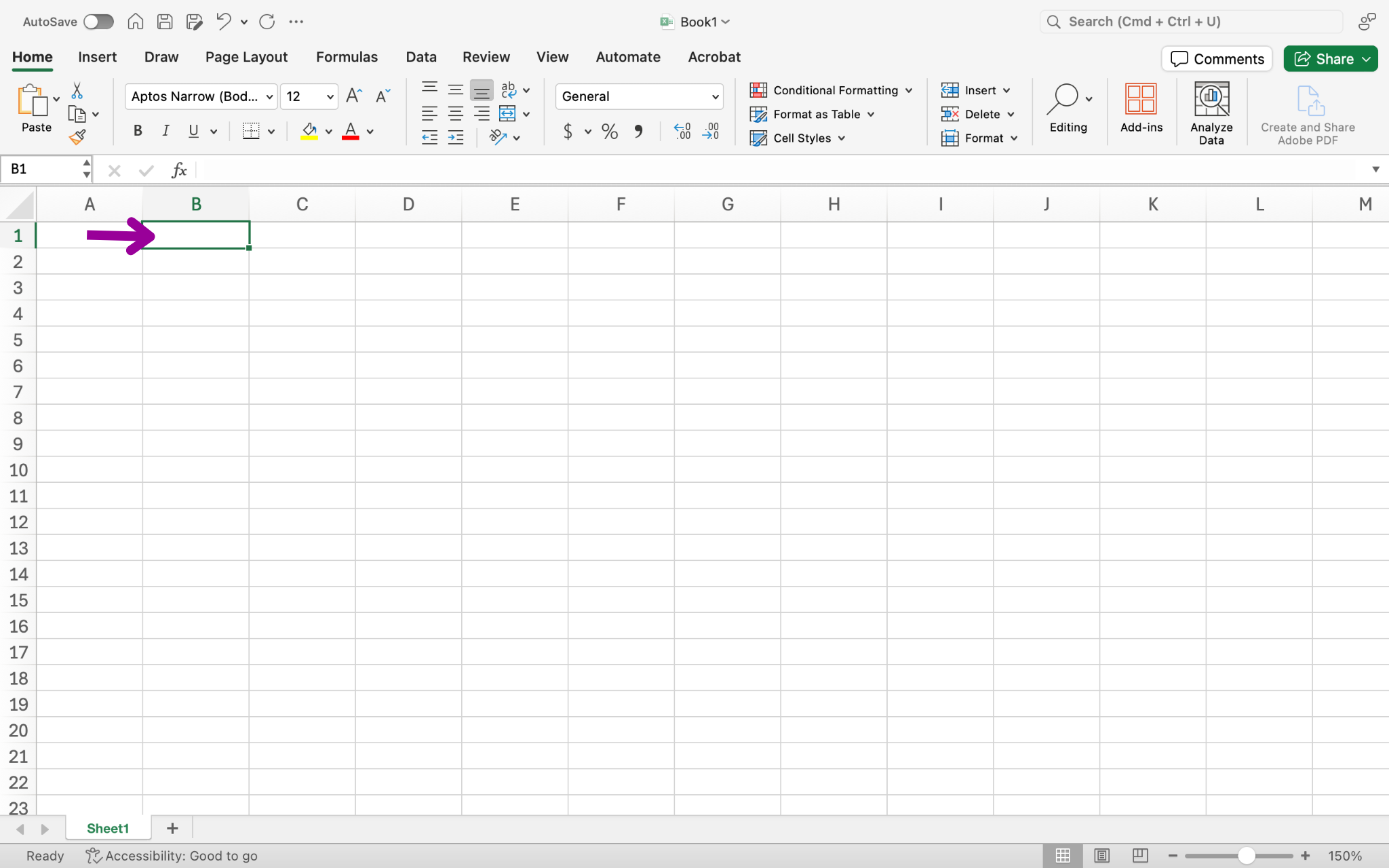 A blank Microsoft Excel sheet is open. There is a magenta arrow pointing to the right indicating moving columns from A1 to B1.