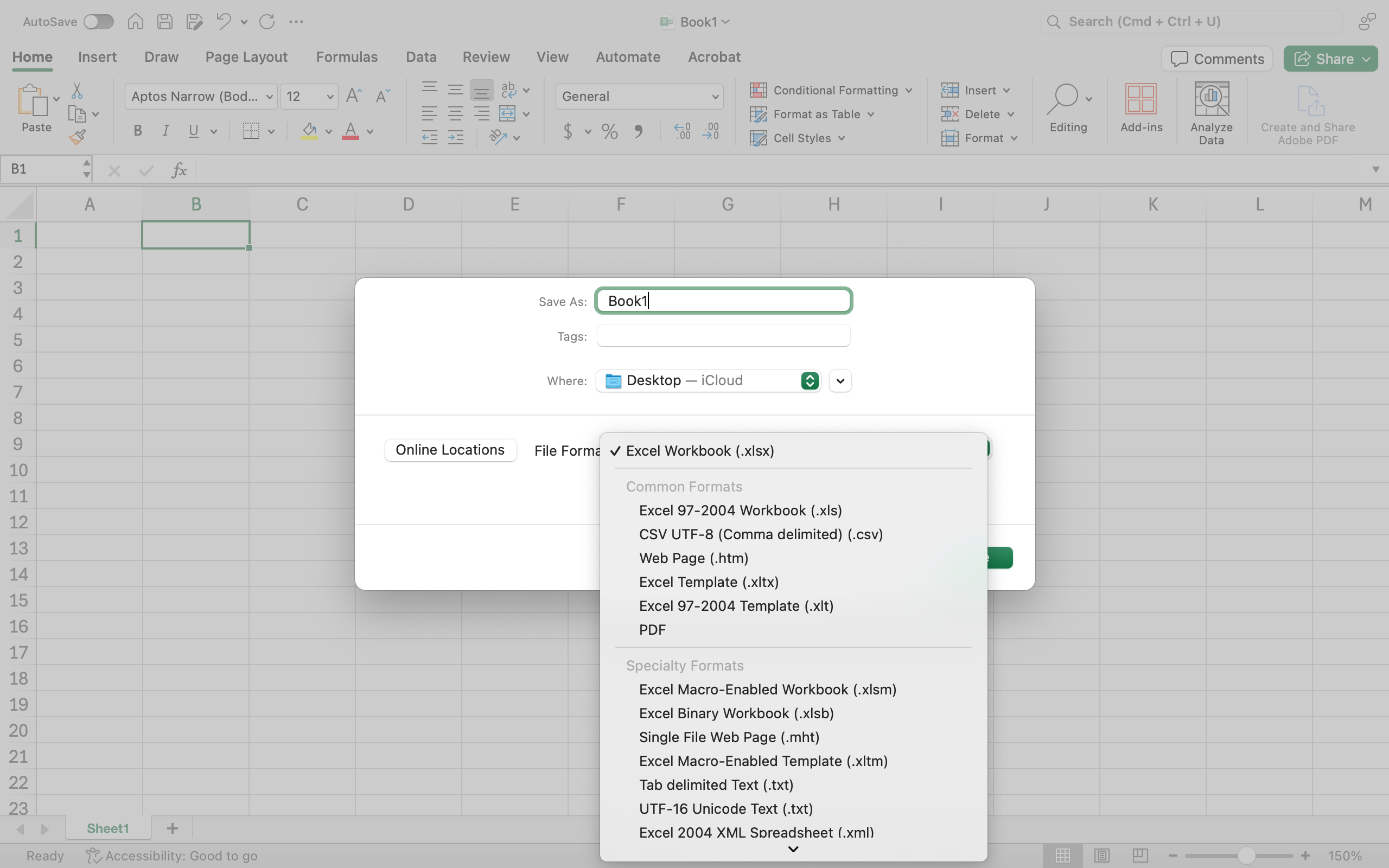 A dropdown menu in Microsoft Excel showing a "Save As" dialog box. The "Save as type" file format options listed include Excel Workbook, Excel Macro-Enabled Workbook, Excel Binary Workbook, Excel 97-2003 Workbook, XML Data, Single File Web Page, Web Page, Excel Template, Excel Macro-Enabled Template, Excel 97-2003 Template, Text (Tab delimited), Unicode Text, XML Spreadsheet 2003, Microsoft Excel 5.0/95 Workbook, CSV (Comma delimited), Formatted Text (Space delimited), Text (MS-DOS), CSV (Macintosh), CSV (MS-DOS), DIF (Data Interchange Format), SYLK (Symbolic Link), Excel Add-In, Excel 97-2003 Add-In, PDF, XPS Document, Strict Open XML Spreadsheet, and OpenDocument Spreadsheet. The file name is set to "Book1". On the left side of the window, there's an option to "Hide Folders".