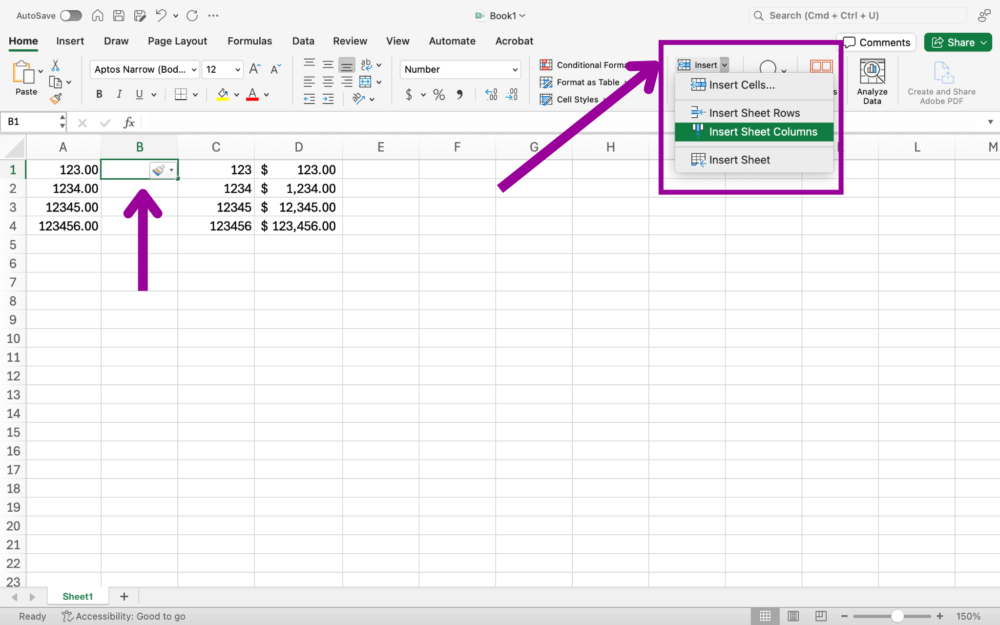 An Excel sheet is open with numbers in column A, C, and D through row 4. In column B there is a magenta arrow showing where a new cell column has been inserted. In the top right there is another magenta arrow pointing this time at a magenta box, specifically at the insert dropdown menu.