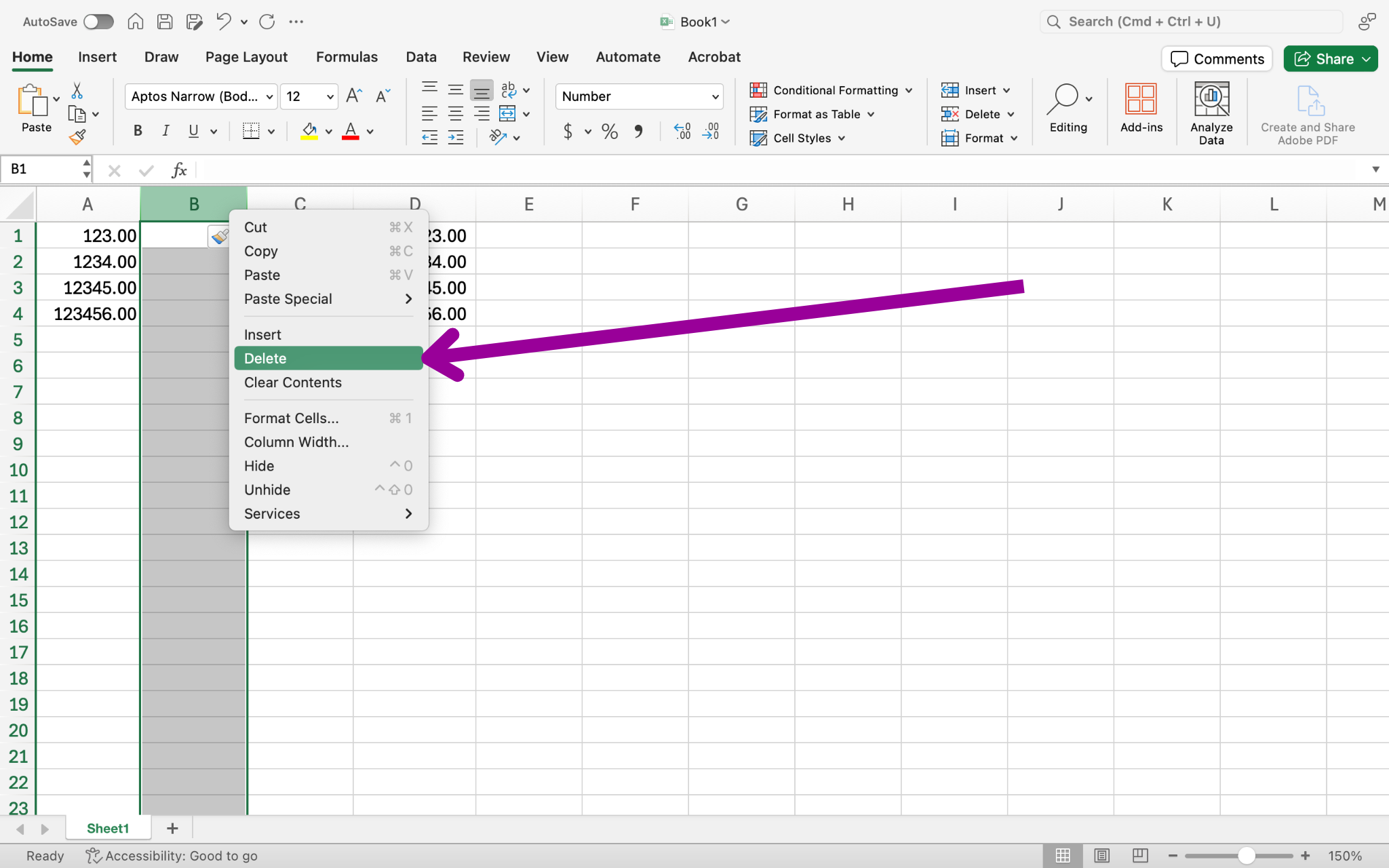 A Microsoft Excel document is open. The second column, Column B, has been highlighted and right click to a drop down tab. The delete option is highlighted by a magenta arrow.