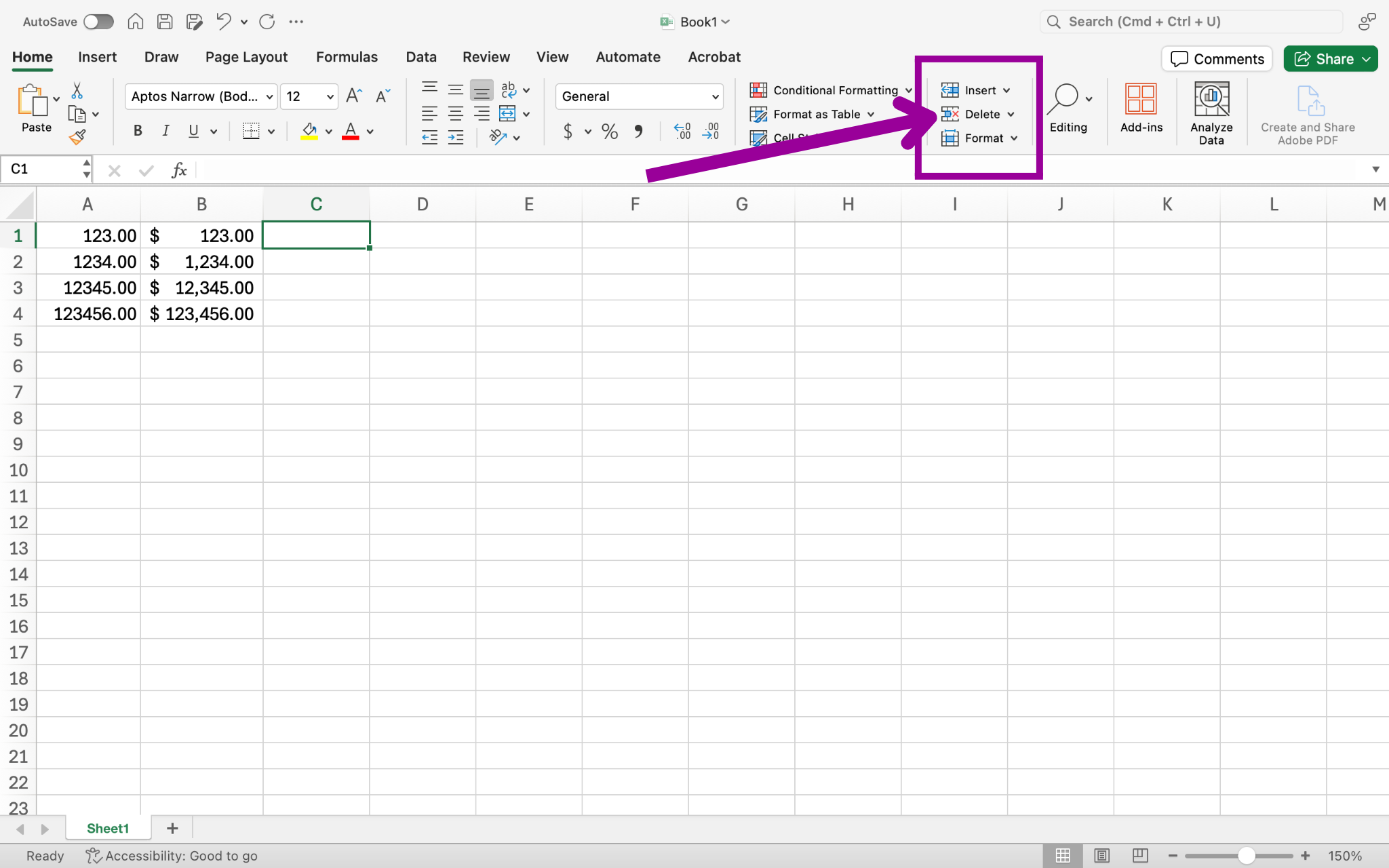 An excel sheet is open with numbers in columns A1 thorough B4. There is a magenta arrow pointing at a magenta box, specifically at the delete cells dropdown menu