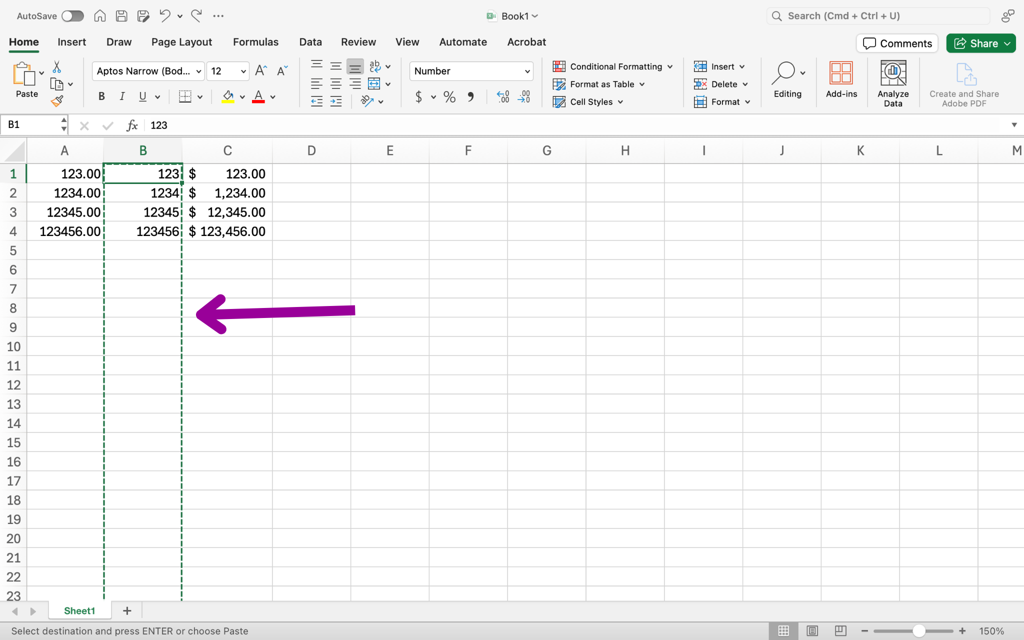 An Excel sheet is open with numbers in columns A1 through C4. There is a magenta arrow pointing at column B which has been selected.
