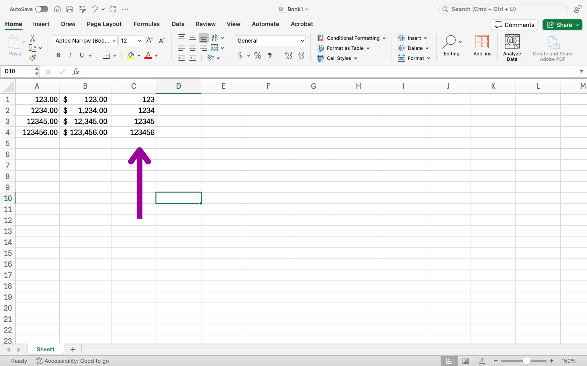 An excel sheet is open with numbers in columns A1 through C4. A magenta arrow is pointing at cell C5.