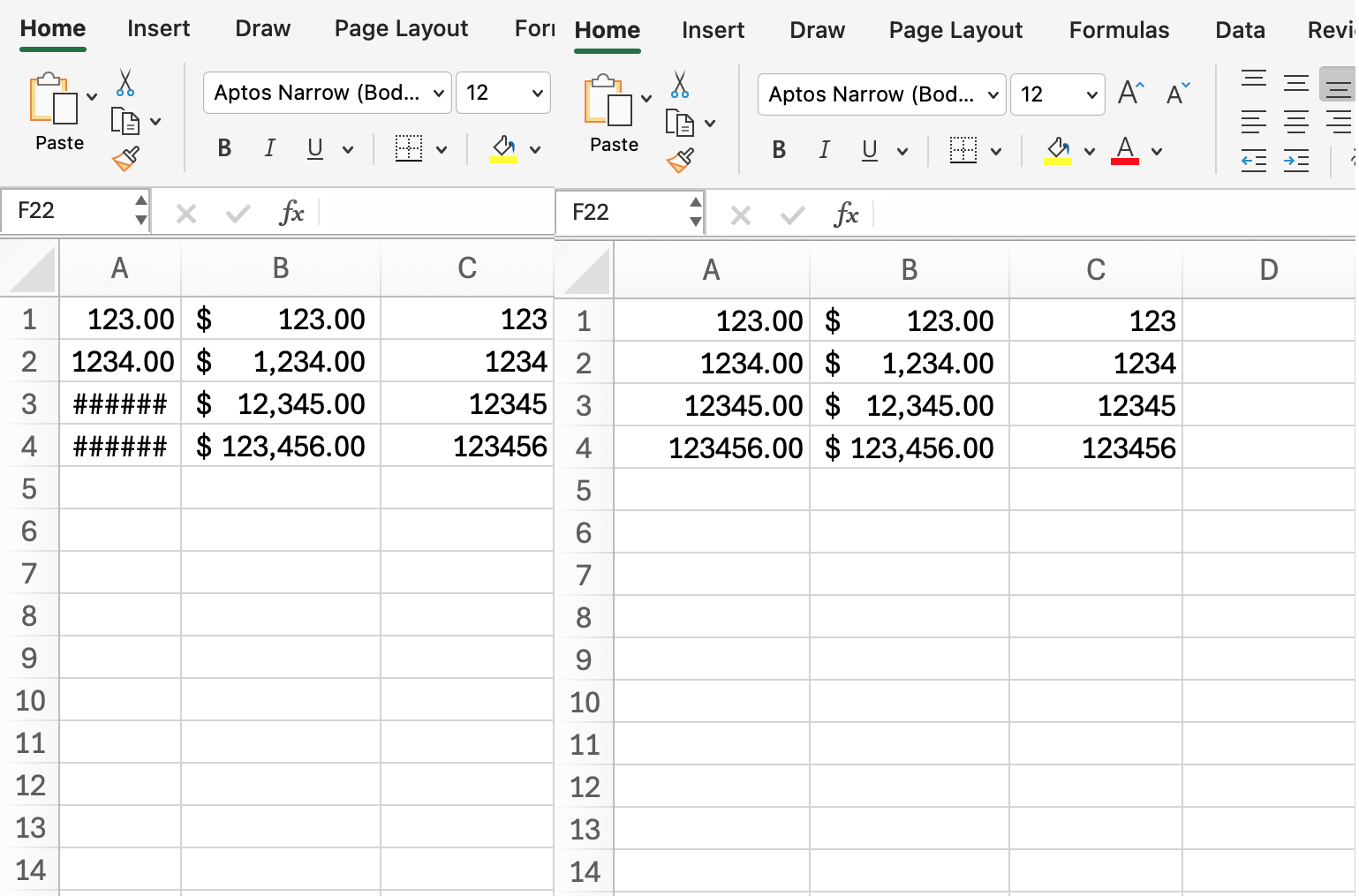 There are two excel sheets open each have numbers in columns A1 through C4.
