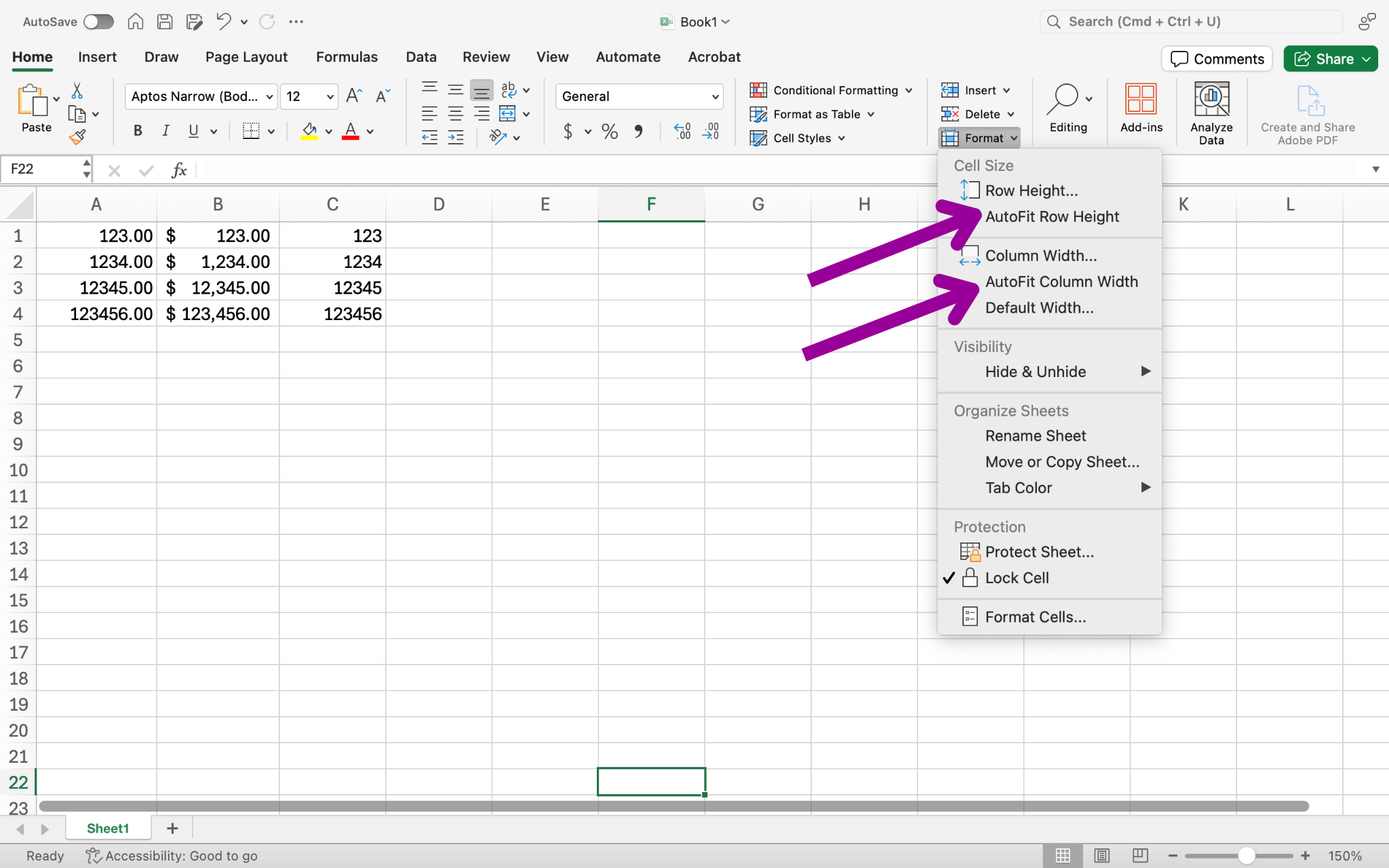 An excel sheet is open with numbers in columns A1 through C4. There are two magenta arrows each pointing at options from the dropdown menu of the cell size format. One arrow is pointing at the option to "AutoFit Row Height" the other is to "Auto Fit Column Width".