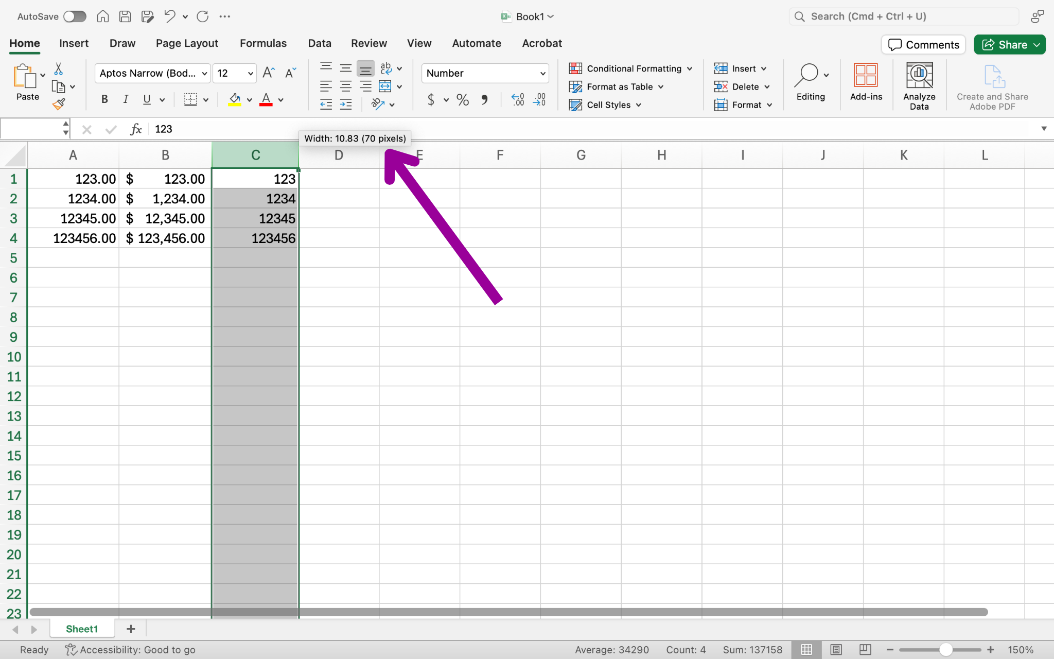 An excel sheet is open with numbers in columns A1 through C4. There is a magenta arrow pointing at the option to adjust the width of the cell size.