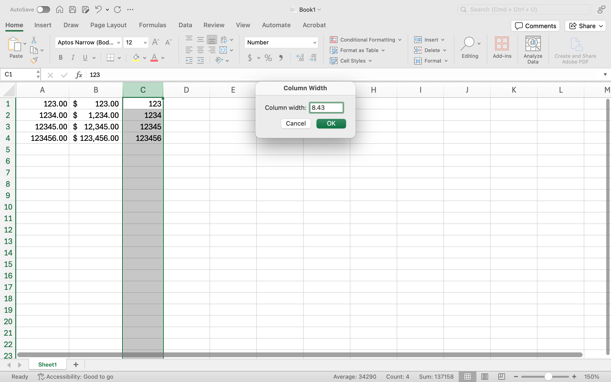An excel sheet is open with numbers in columns A1 through C4. A column width dropdown menu has been opened showing options on how to adjust the column width.