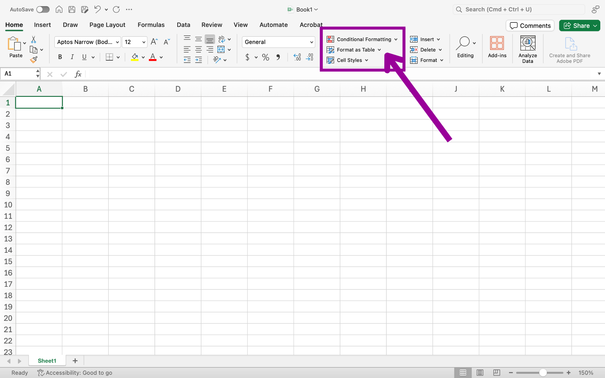 A blank Microsoft Excel sheet is open. There is a large magenta arrow pointing toward where the different style options are.