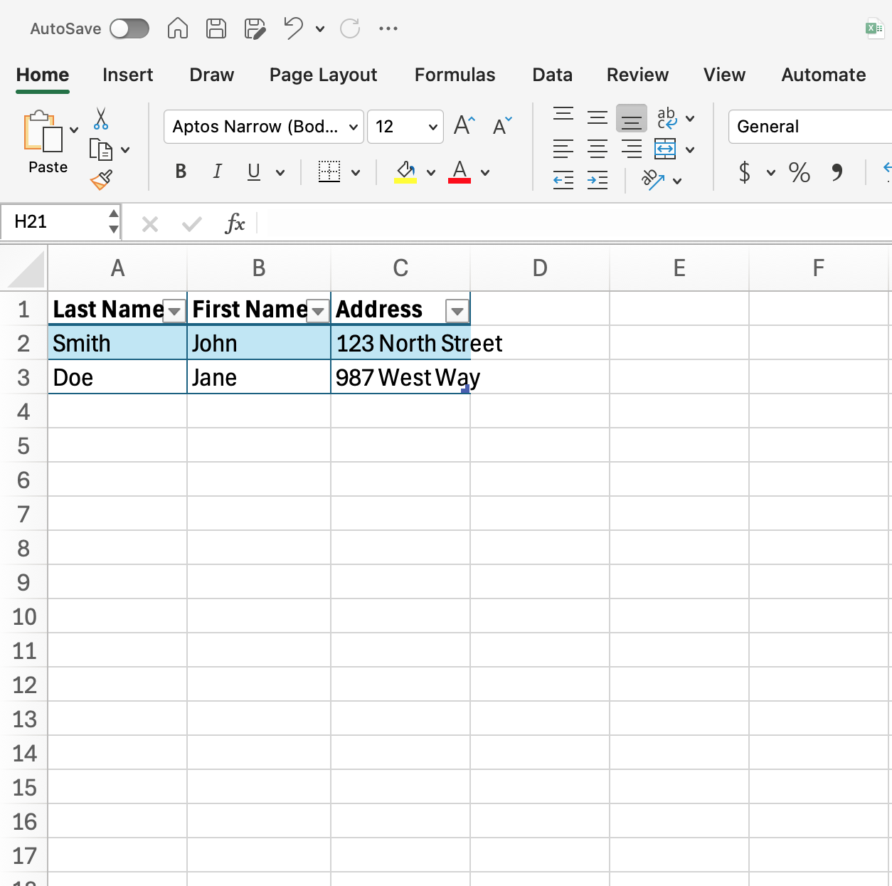 A Microsoft Excel sheet is open with text in cells A1 through C3. Row 1 from A through C has become the header for a table.