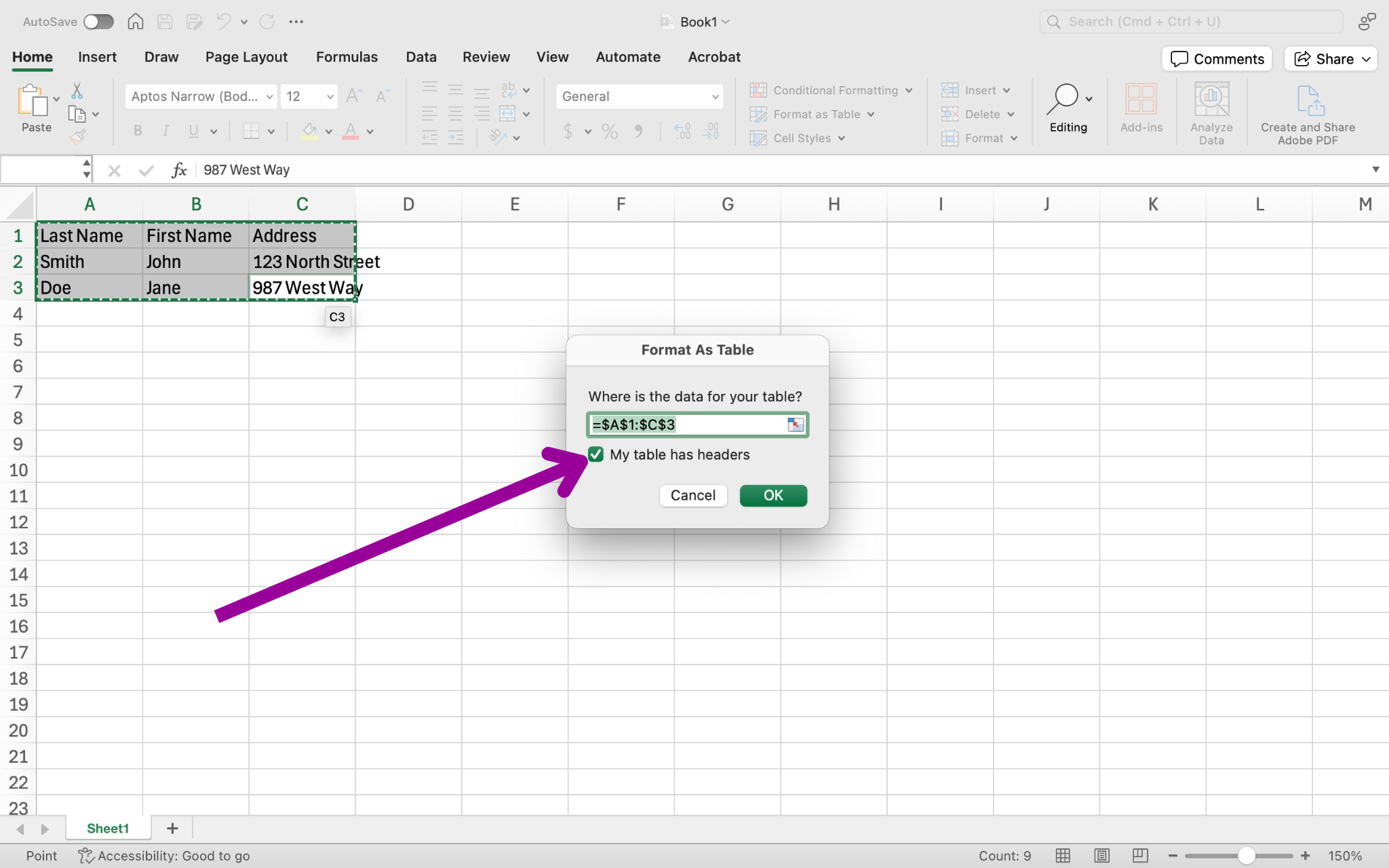 A Microsoft Excel sheet is open with text in cells A1 through C3. The format as a table dialog box has been opened. There is a magenta arrow pointing to the option on the dialog box to ensure that the table that is being create has headers.