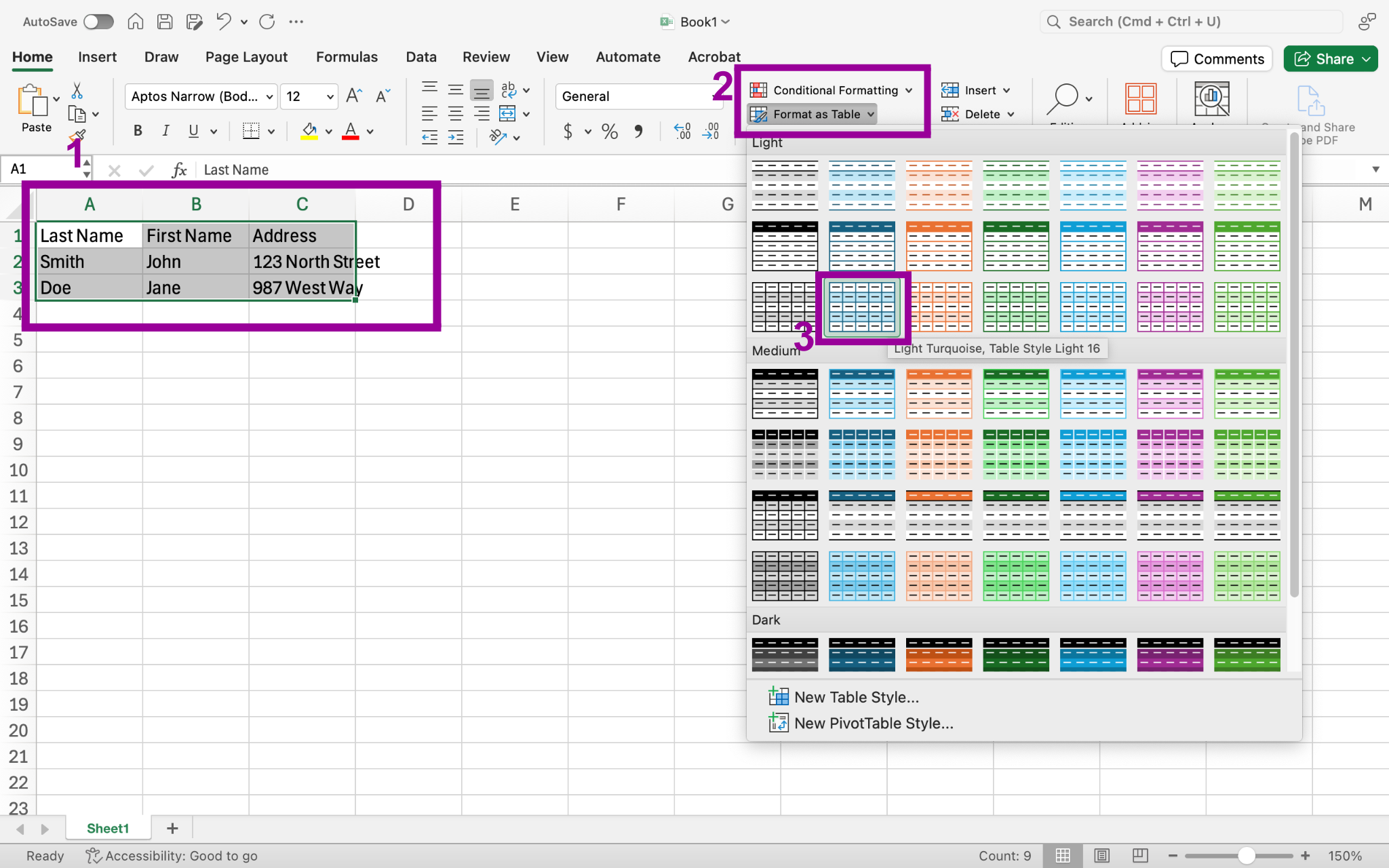 A Microsoft Excel sheet is open with text in cells A1 through C3. There are three magenta boxes matched with a number. The first box shows how you can select all the cells that belong in your table that you are creating. The second demonstrates where the format as a table button is. The third is from a dropdown menu from the format as a table button and shows which table style to apply.