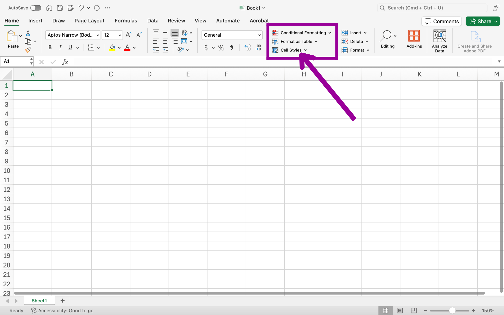 A blank Microsoft Excel document is open. A magenta arrow is pointing towards a magenta box around the styles section on the home tab. The arrow is pointing specifically at the cell styles option.