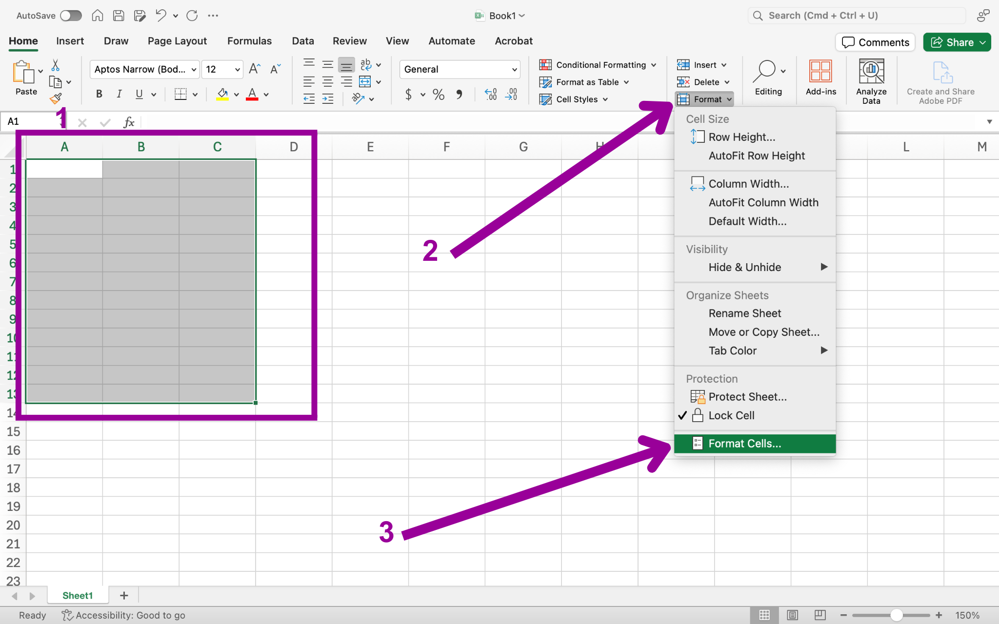 A blank Microsoft Excel sheet is open. There are three magenta numbers each representing a different aspect of the sheet. The first number shows a box which is highlighting a section of cells that have been selected. Next to the second number is an arrow that points to the format dropdown menu. The third number has an arrow next to it pointing at the format cells feature in the format dropdown menu.