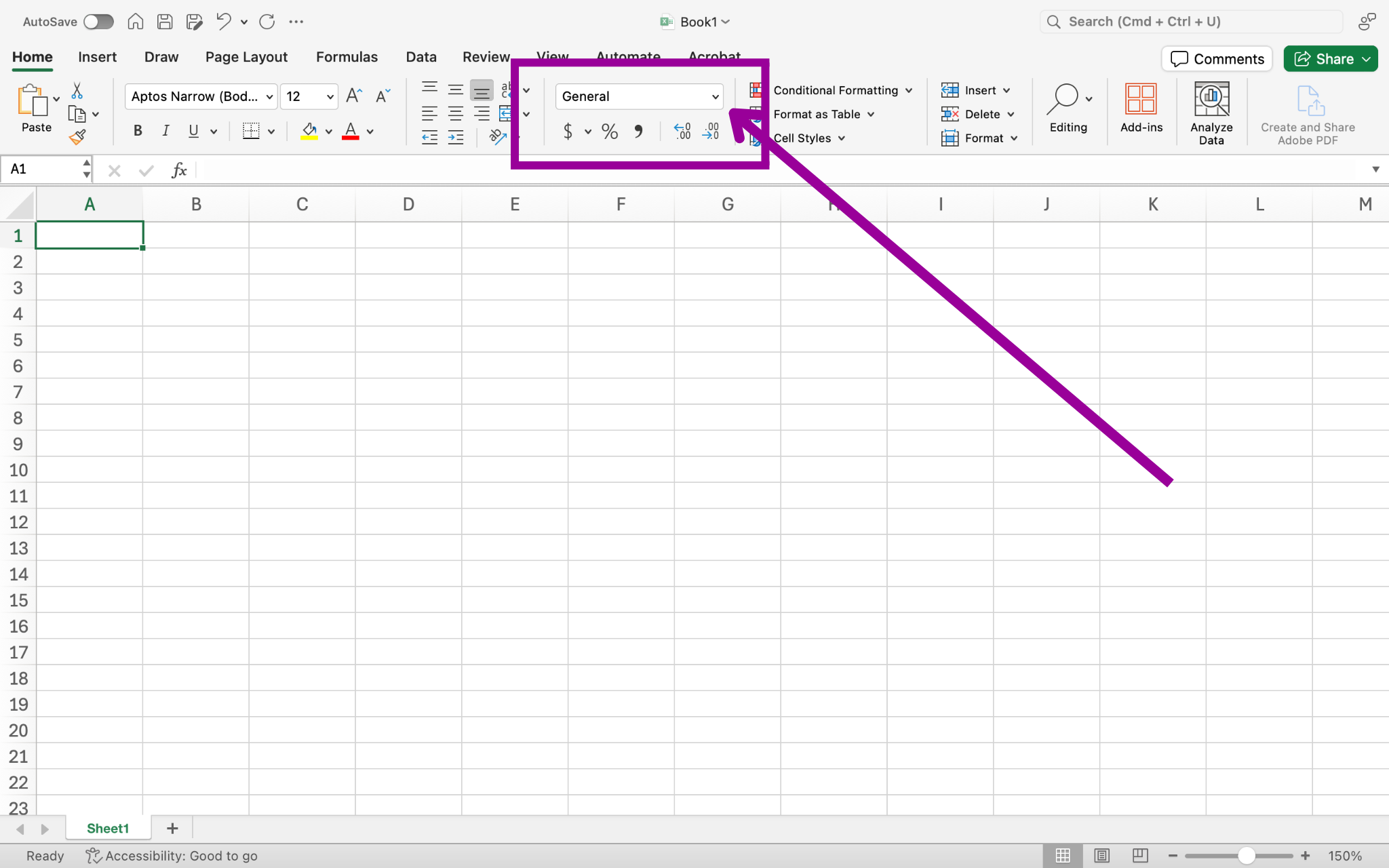 A blank Microsoft Excel sheet is open. There is a magenta arrow pointing at a magenta box showing where the number group option is.