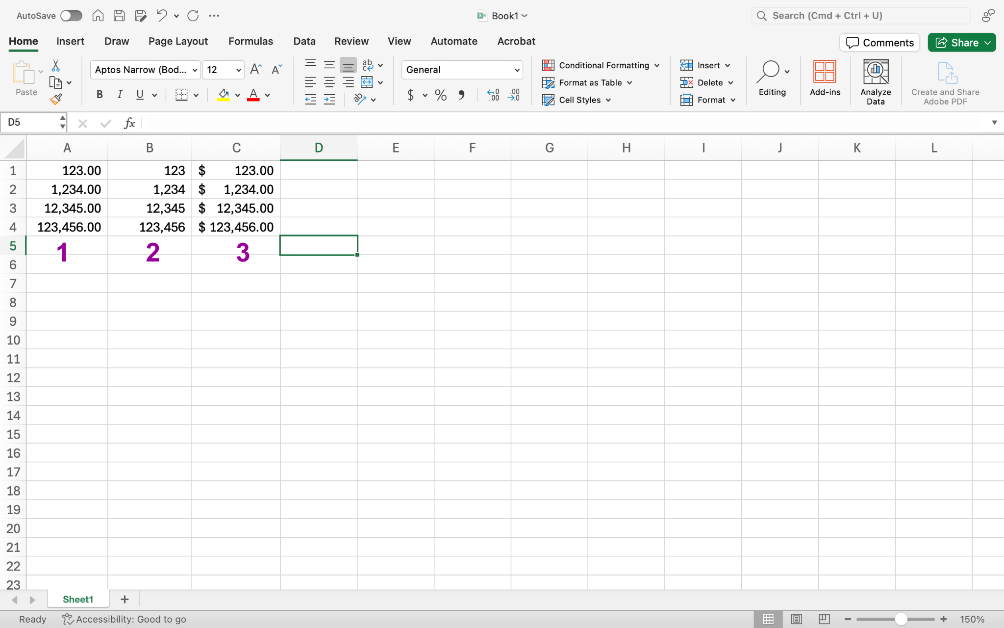 A Microsoft Excel sheet is open with numbers in columns A1 through C4. In column A there is a magenta number 1 showing how this column has been formatted as a comma with two decimal points. In column B there is an magenta 2, this column has been formatted with a comma with no decimal points. In the third column, column C there is a magenta 3 showing how this column has been formatted as a comma with two decimal points and a dollar sign.