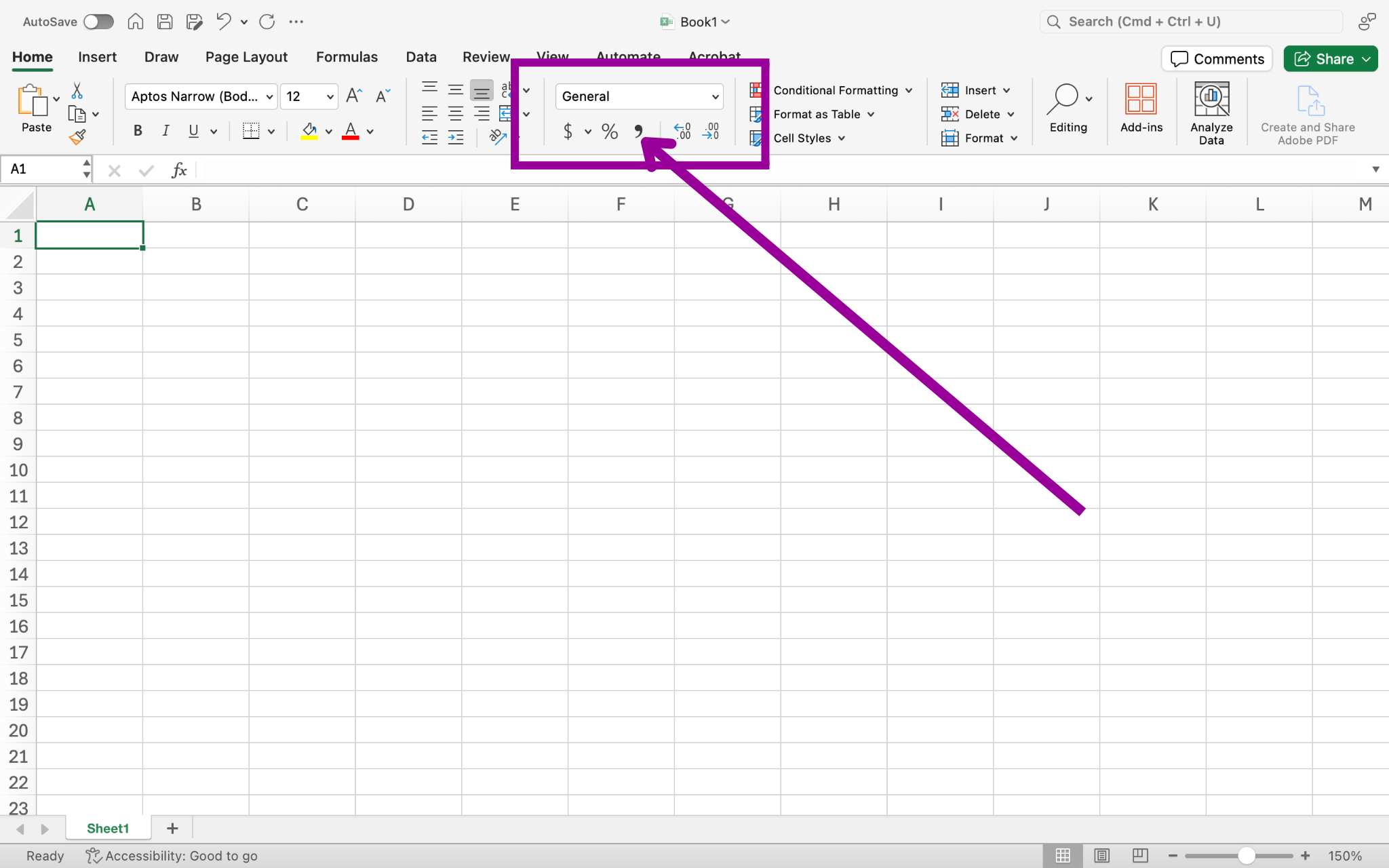 A Microsoft Excel Sheet is open. There is a box showing the number group and a magenta arrow pointing at the Comma Style option.
