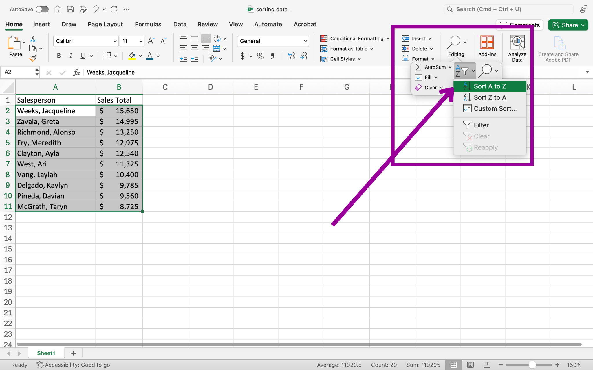 Data has been entered in Columns A and B through row 11. There is a magenta arrow pointing at a magenta box where a dropdown menu has opened up. The option to sort alphabetically is shown.