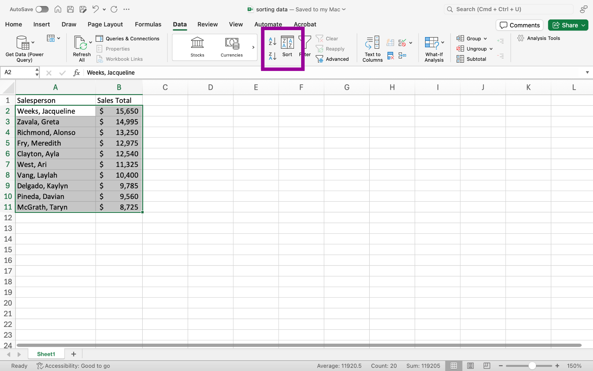 Data has been entered in Columns A and B through row 11. There is a magenta box showing off the sort option in excel.
