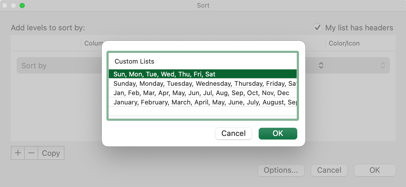 A custom lists dialog box is open.