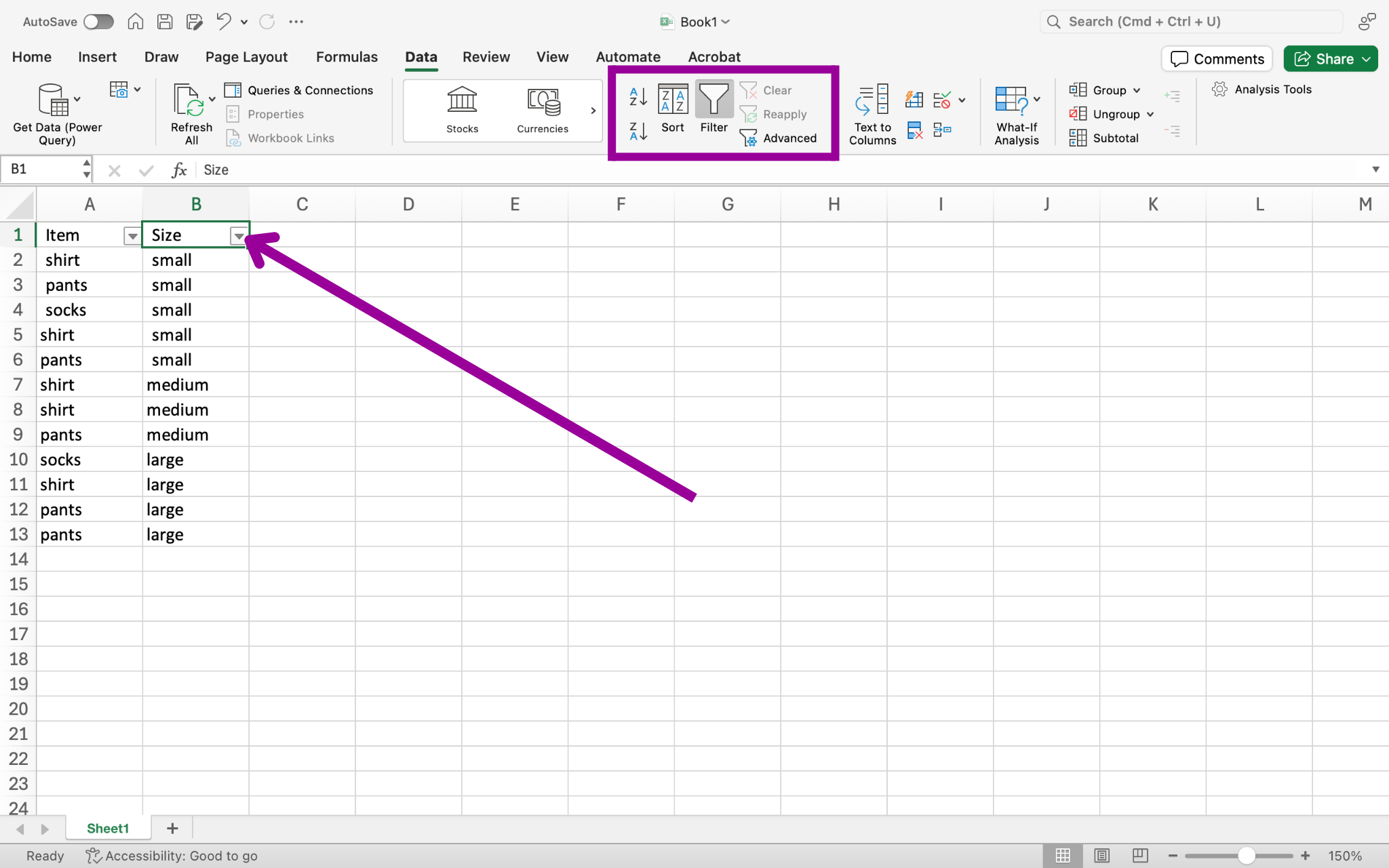Data has been entered in Columns A and B through row 13 on an excel sheet. There is a magenta arrow pointing to the size dropdown menu and there is a magenta box around the sort and filter menu.