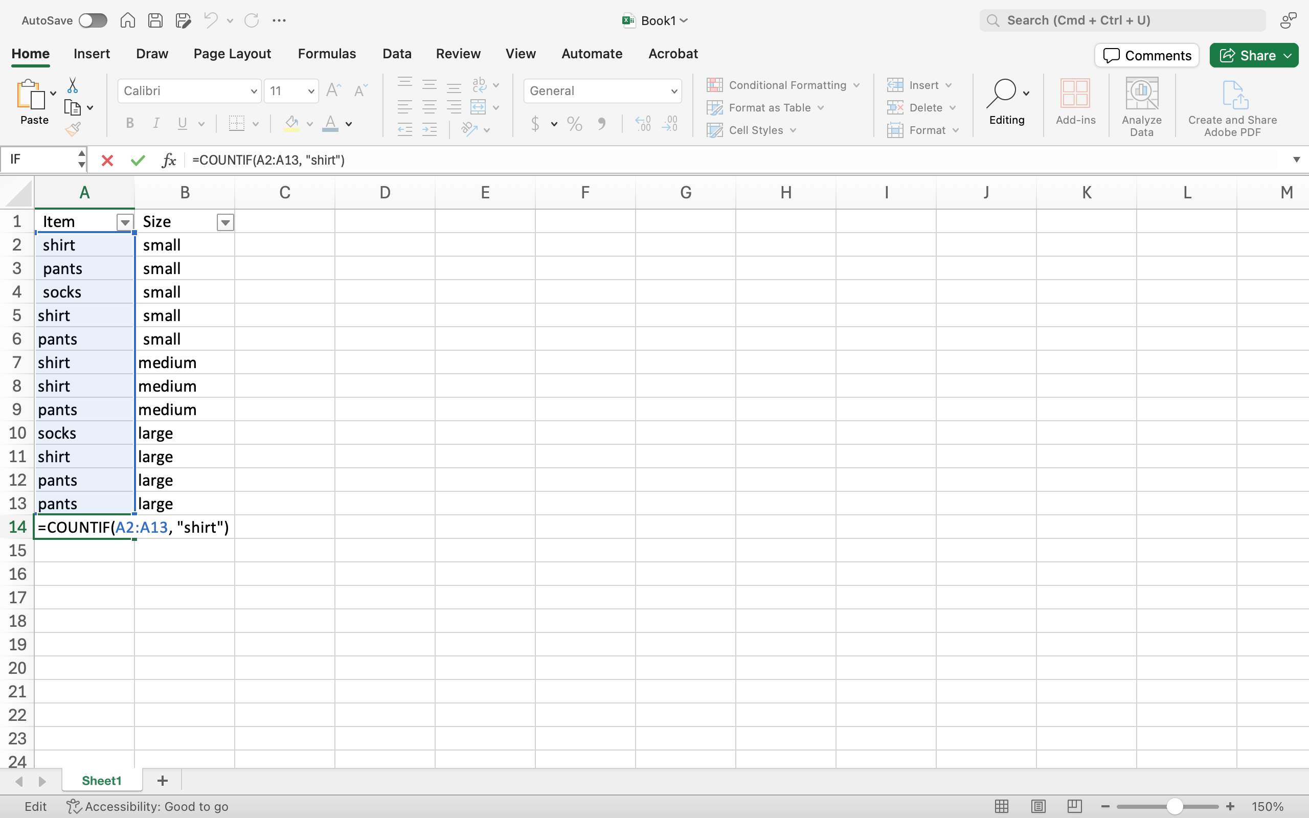 Data has been entered in Columns A and B through row 14.