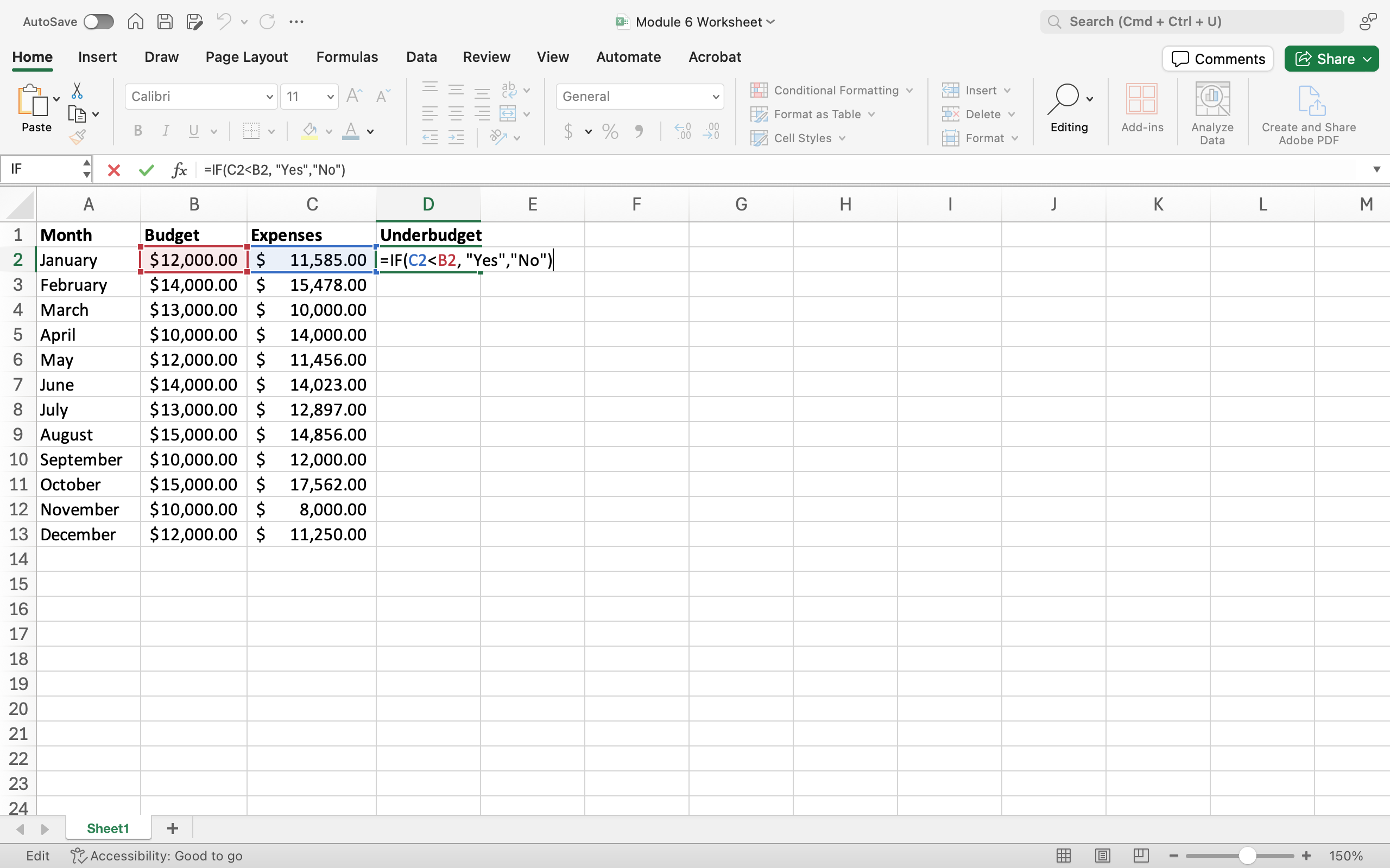 Data has been entered in Columns A, B, and C through row 13.