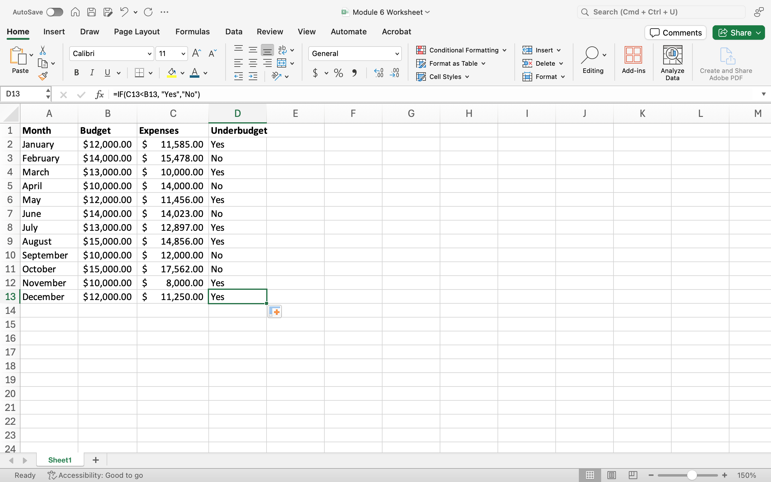 Data has been entered in Columns A, B, C, and D through row 13.