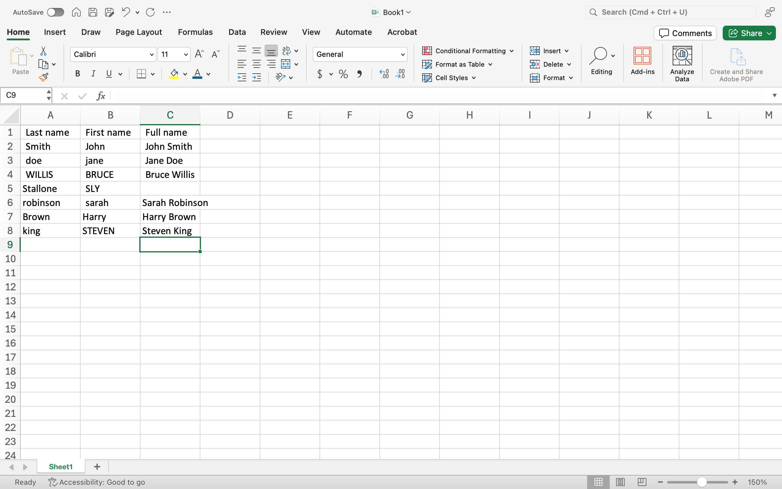 An excel sheet is open with names in cells A1 through C8, only excluding C5.