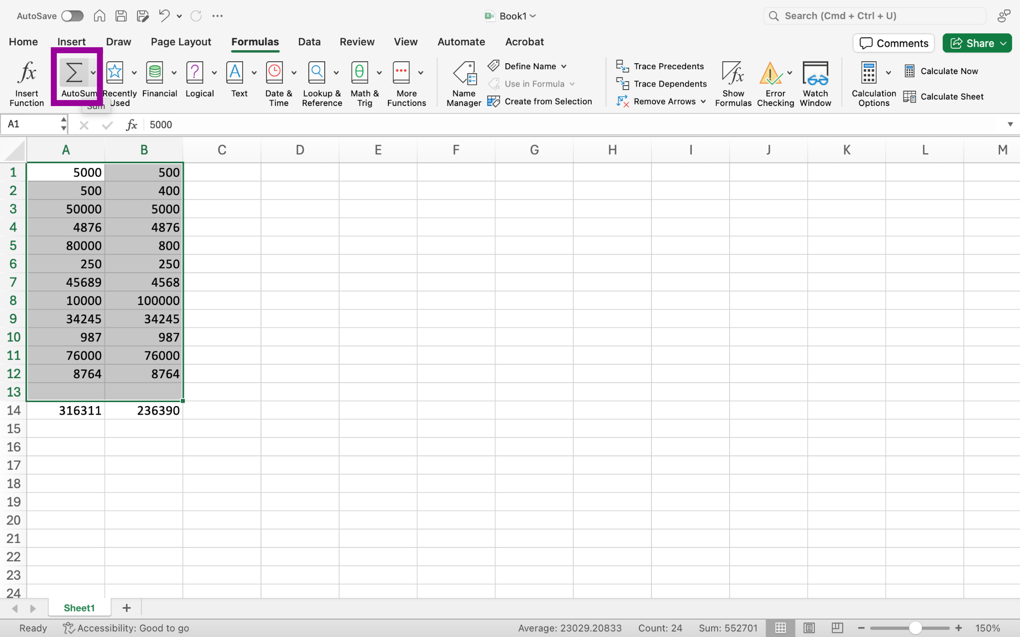 There is an excel sheet open with numbers in columns A and B through row 14 only discounting row 13. There is a magenta box around the AutoSum dropdown menu under the Formulas tab on the ribbon.