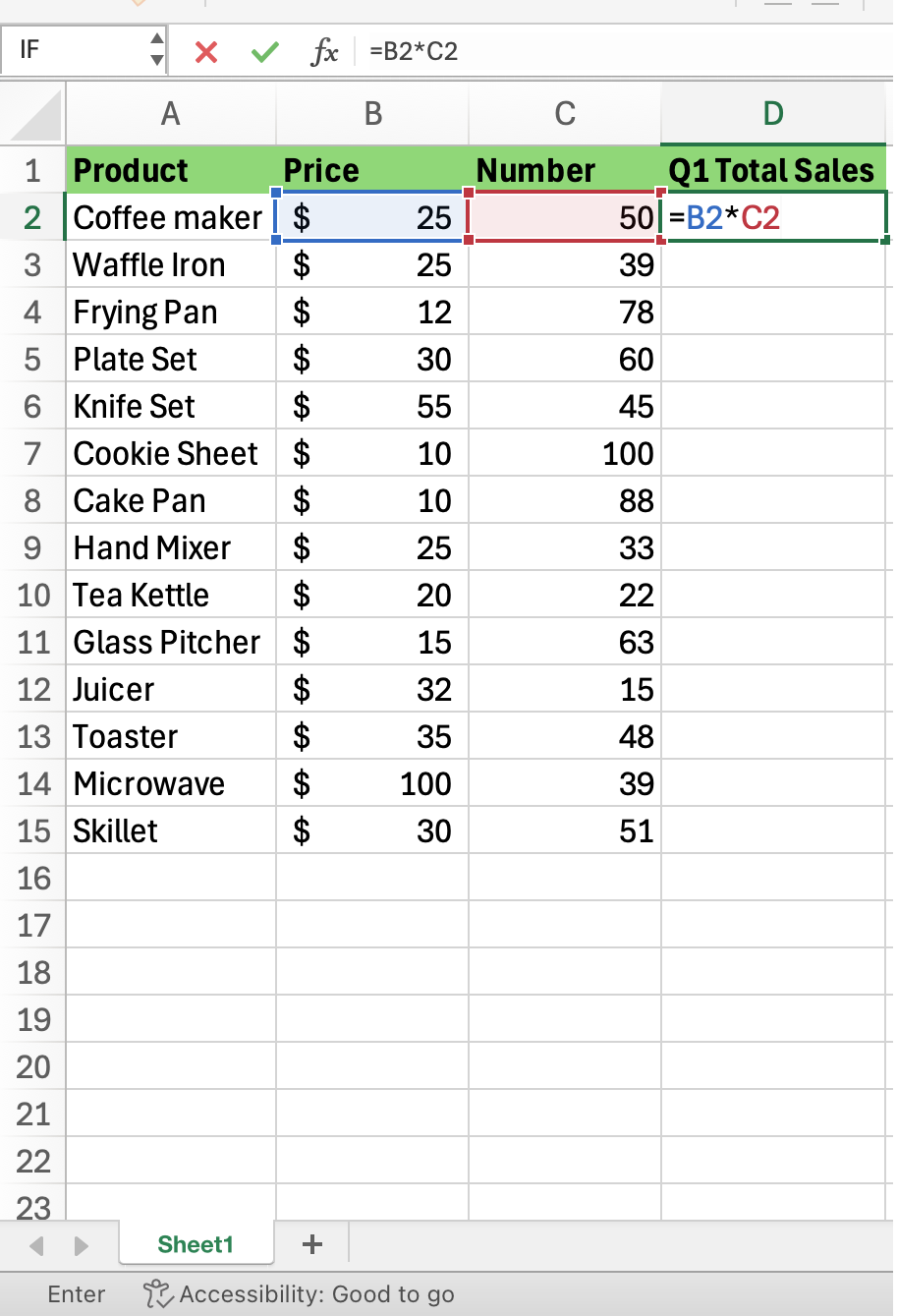 Excel screenshot of department store product sales for quarter one sales.