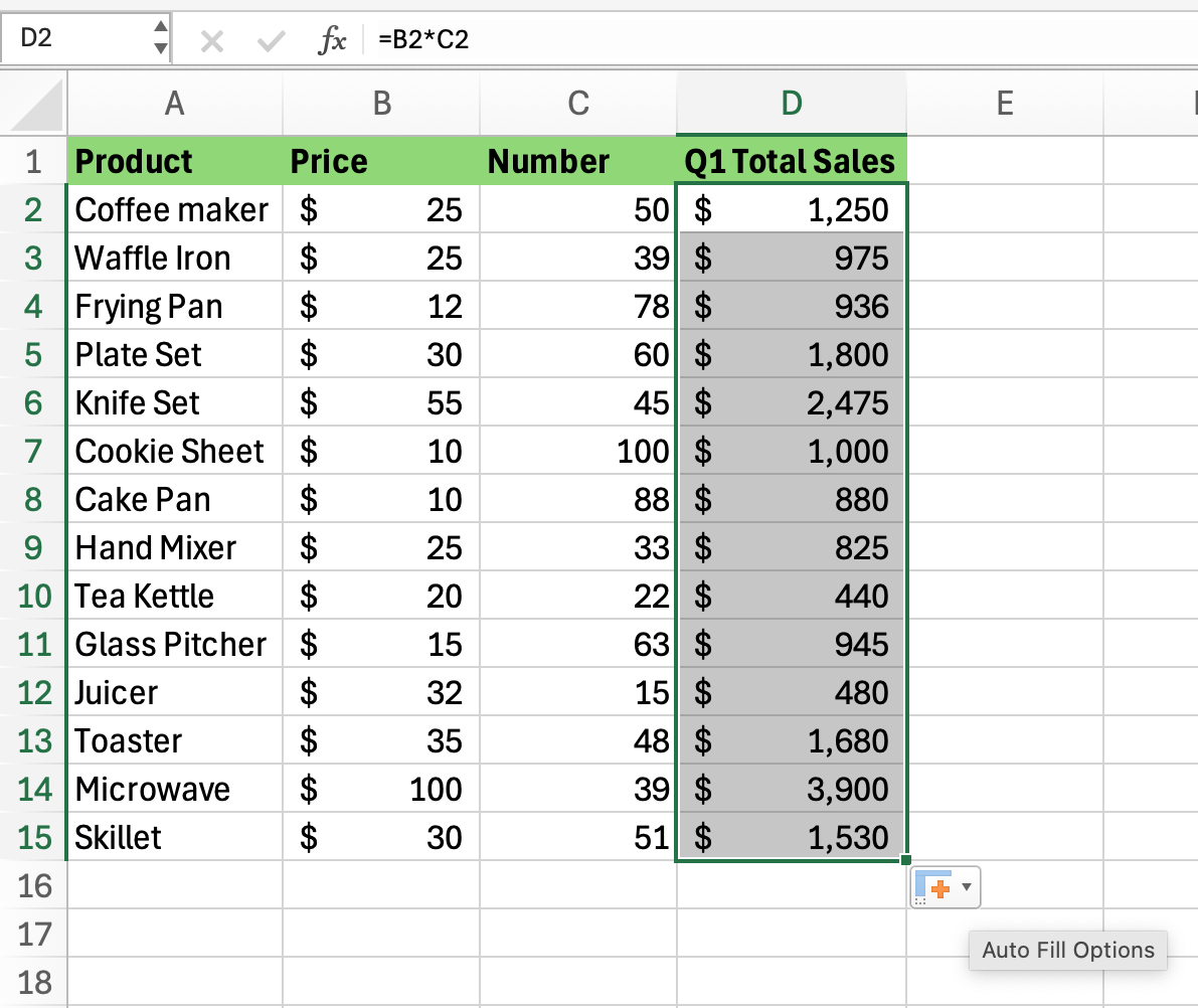 Excel screenshot of department store product sales for quarter one sales with individual product sales totals calculated.