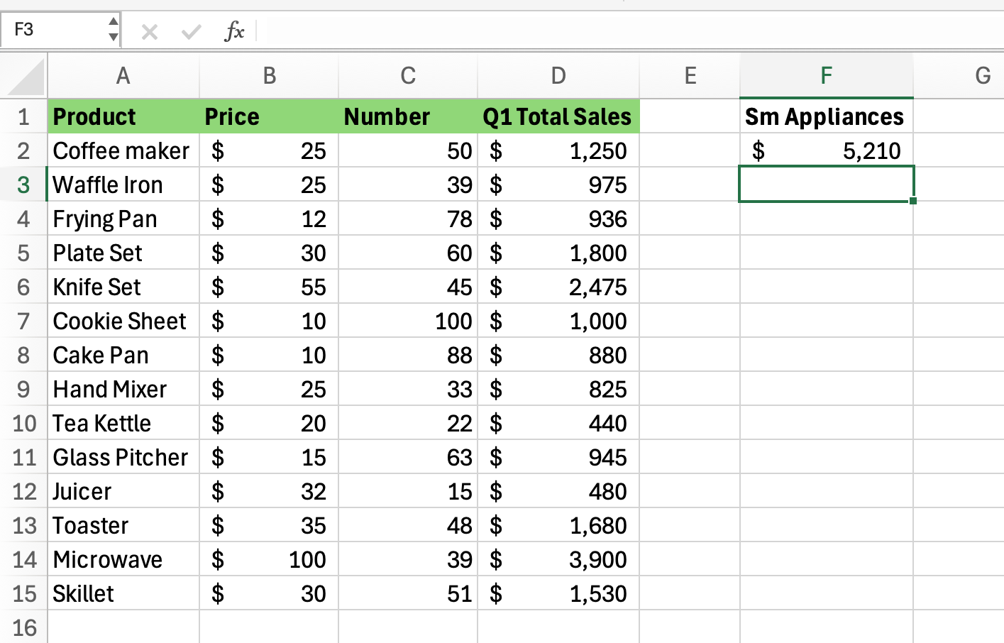 Excel screenshot of department store product sales for quarter one with total for small appliance sales.