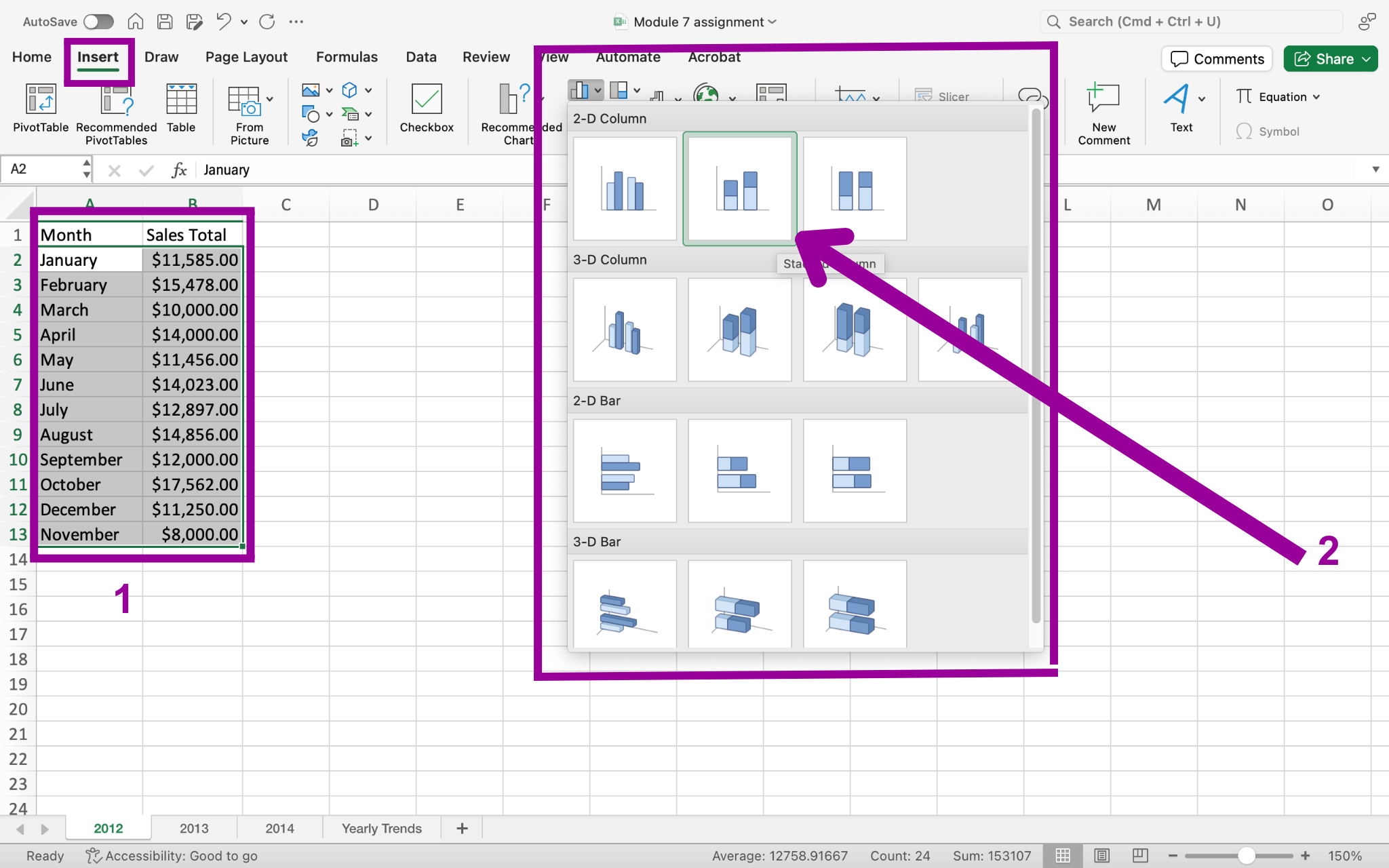 Excel screenshot of Insert tab, Charts button options for inserting chart in worksheet.