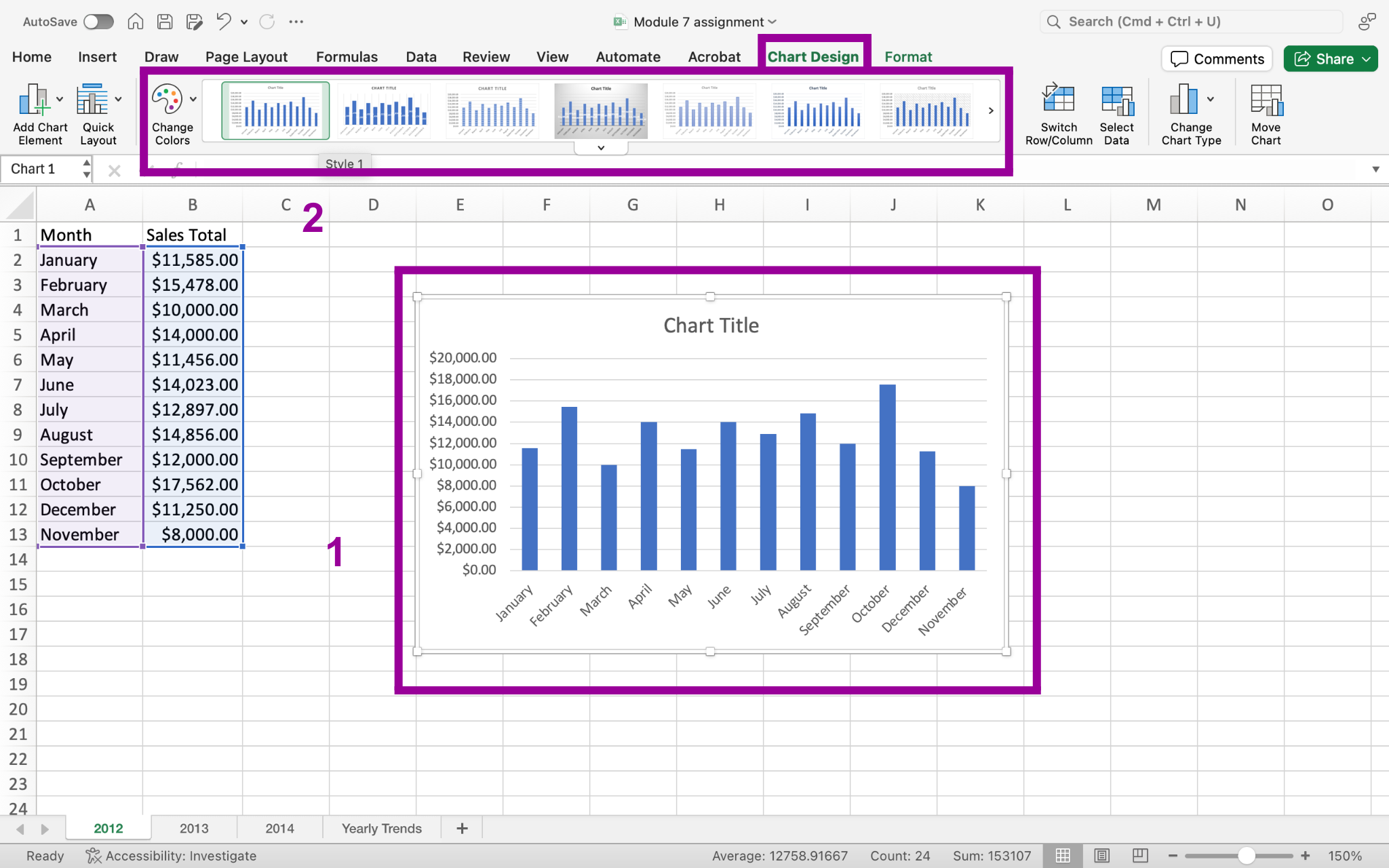 Excel screenshot of Charts Design options for chart in worksheet.