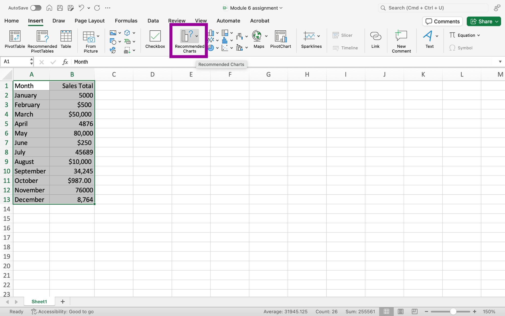 An excel sheet with data entered in columns A and B through row 13. There is a magenta box highlighting where to find the recommended charts option.
