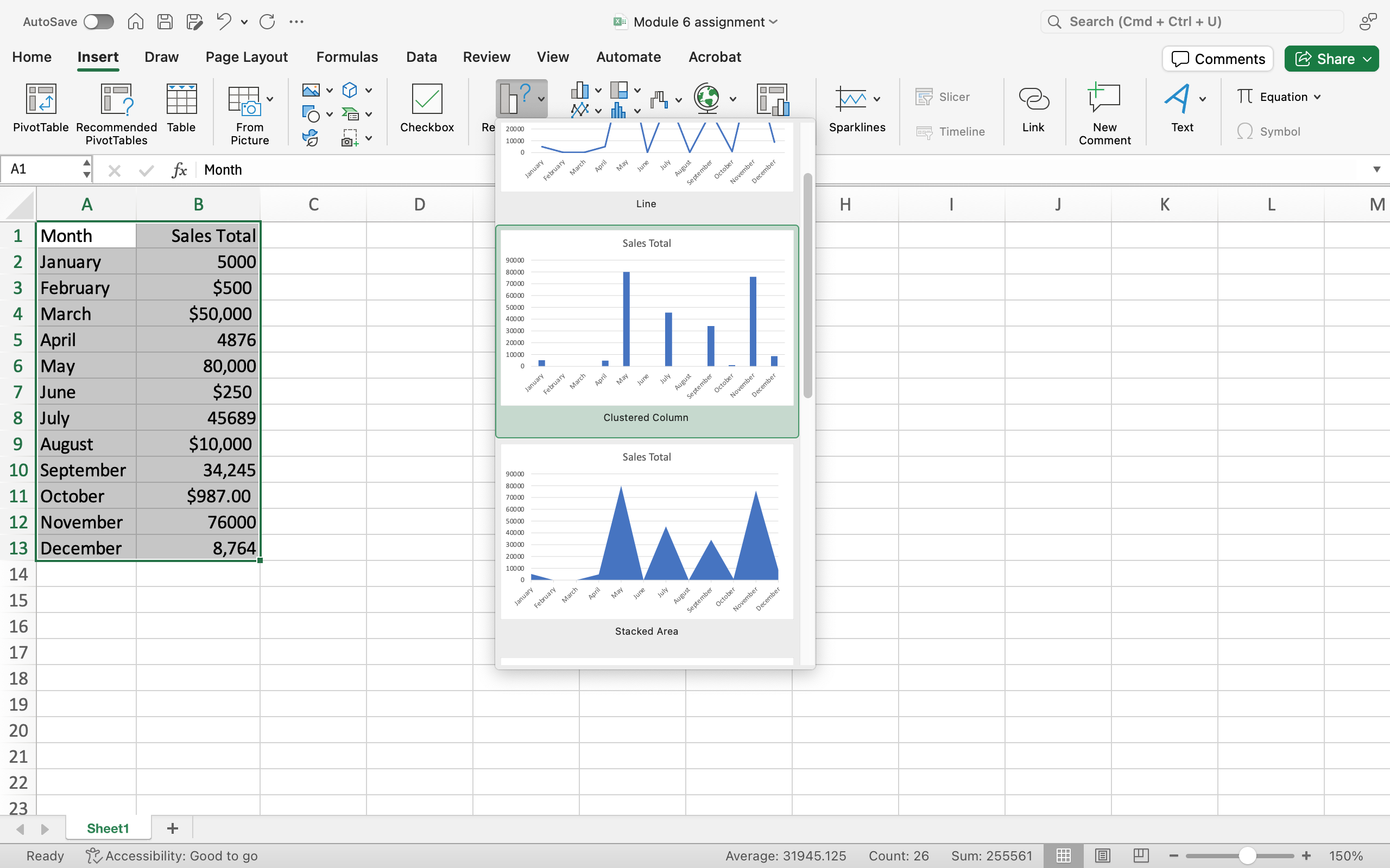 An Excel sheet is open, with a drop down from the Recommended Charts button with clustered column chart selected.