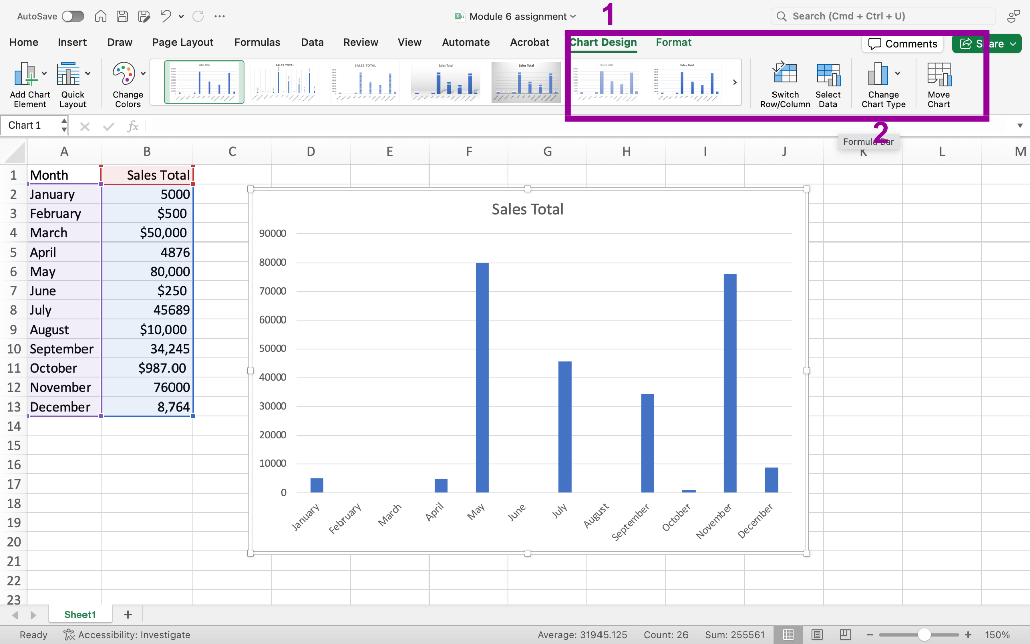 An excel sheet with data entered in columns A and B through row 13. To the right of column B there is a clustered graph open representing the data in cells A1 through B13. In the ribbon there is a magenta box with two numbers 1 and 2. The first number is green and shows where the switch row/column button is. The second number shows how to change the chart type.