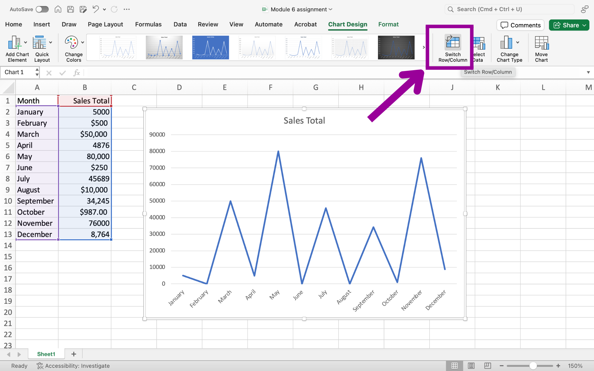 An excel sheet with data entered in columns A and B through row 13. To the right of column B there is a clustered graph open representing the data in cells A1 through B13. A magenta arrow is pointing to a magenta box which is showing options on how to adjust the chart.