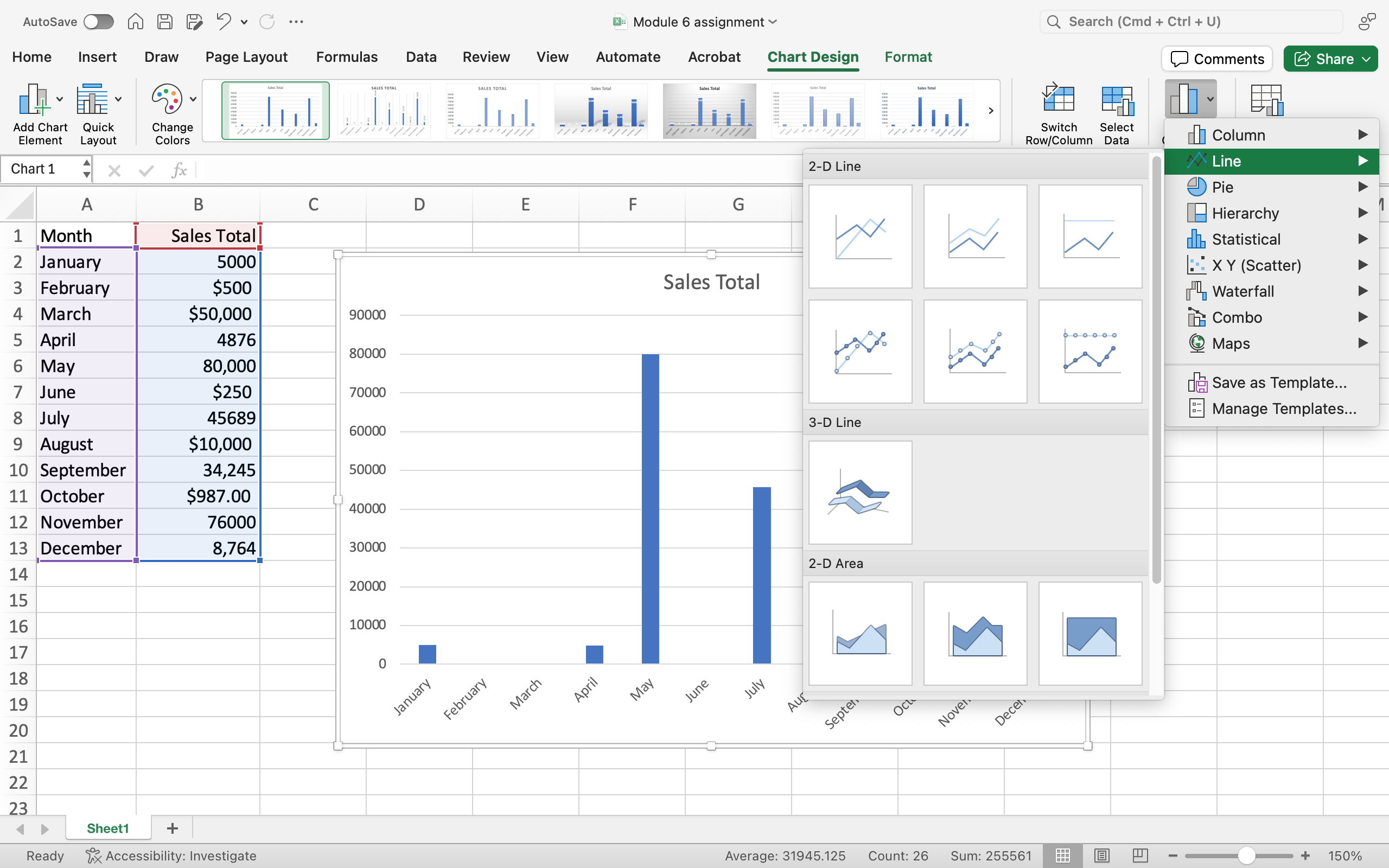A change chart type dialog box is open with a line chart selected.