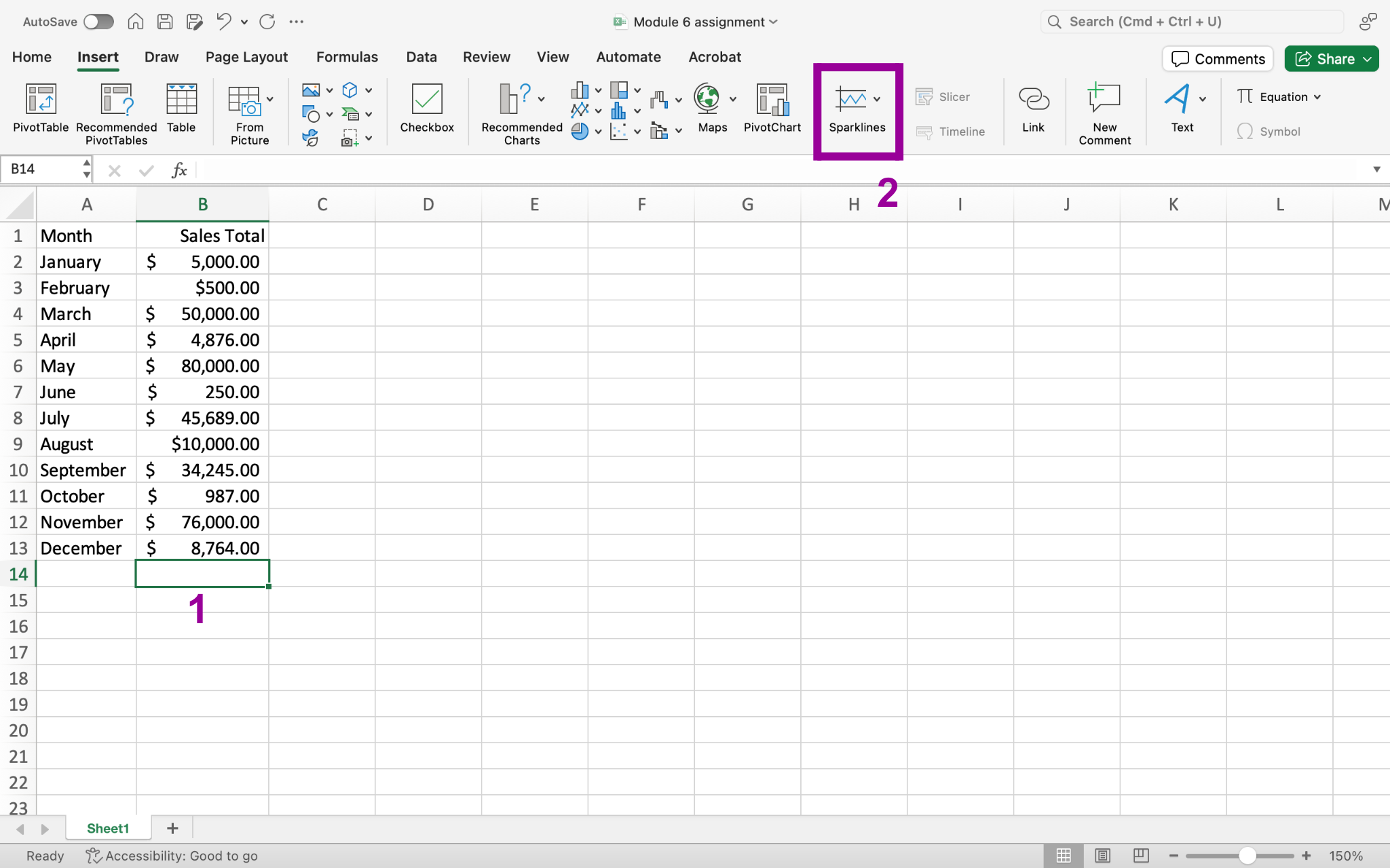 An excel sheet with data entered in columns A and B through row 13. In cell B14 there is a magenta 1 showing that this cell has been selected as the place where the sparkline will be inserted. In the ribbon there is an magenta box showing where to find the sparklines.