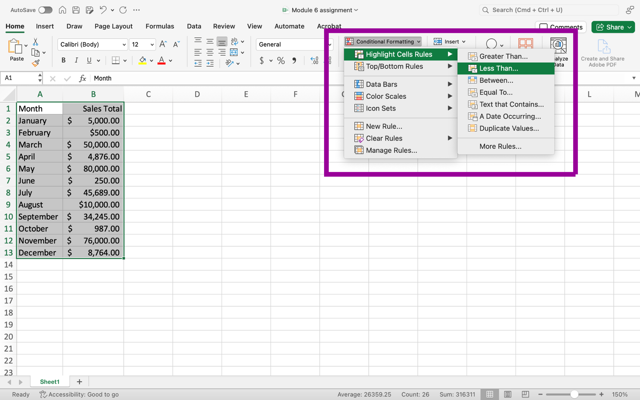 An excel sheet with data entered in columns A and B through row 13. There is a magenta box around the dropdown menu from the conditional formatting feature on the home tab of the ribbon.
