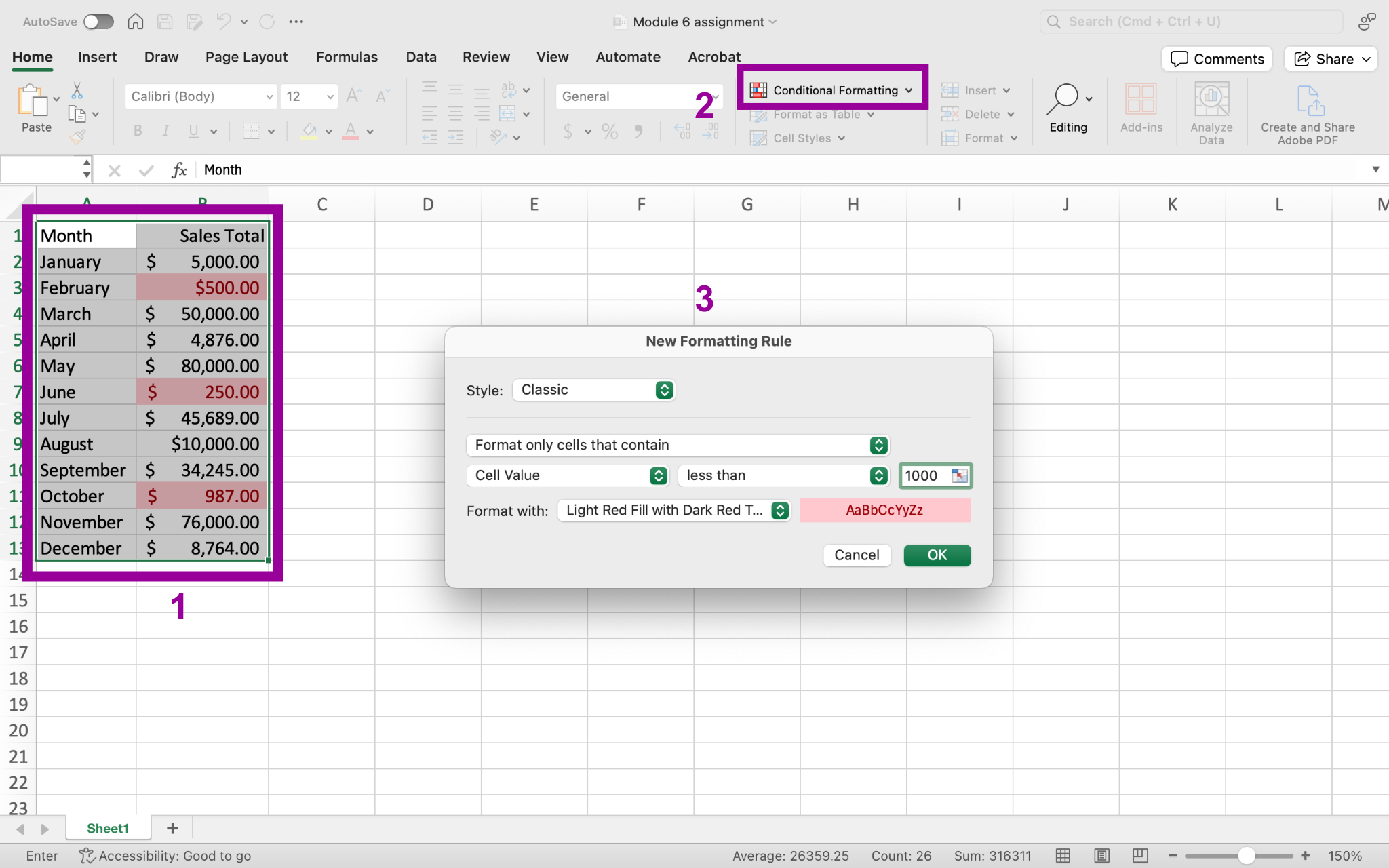 An excel sheet with data entered in columns A and B through row 13. There is a magenta box around column B through row 13 showing that it has been selected for more formatting. There is another magenta box around the conditional formatting menu in the ribbon. A less than dialog box has been opened to the right of the data in columns A and B.