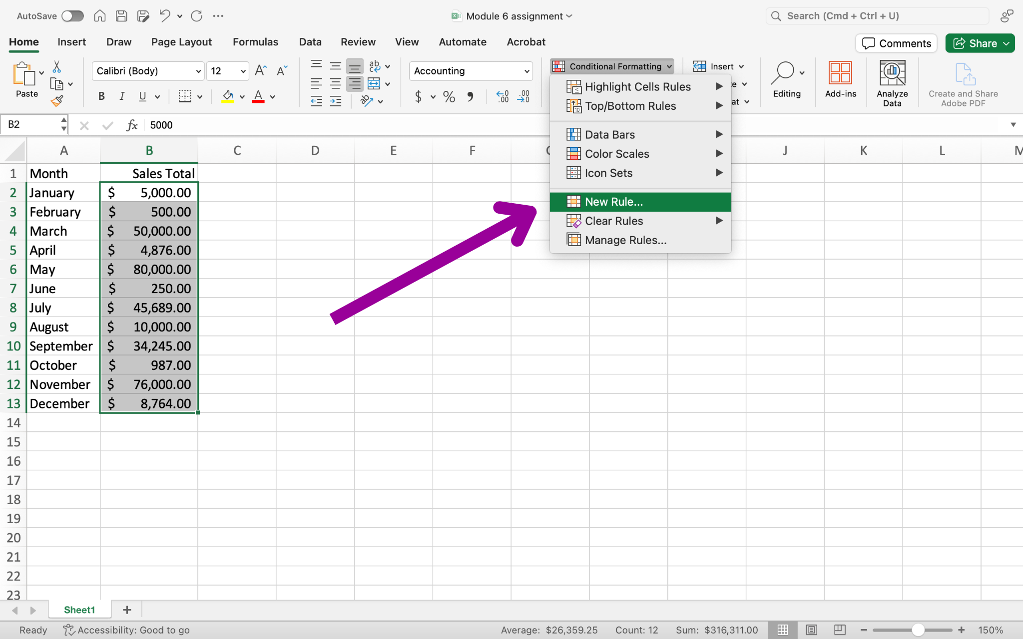 An excel sheet with data entered in columns A and B through row 13. There is a magenta arrow pointing to the dropdown menu and specifically the option to insert a new rule.