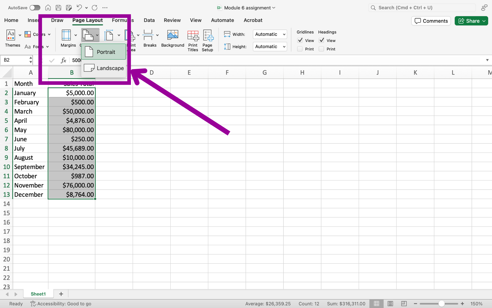 An excel sheet with data entered in columns A and B through row 13. There is a magenta arrow pointing at the landscape feature from the orientation dropdown menu. A magenta box highlights where this can be found on the ribbon.
