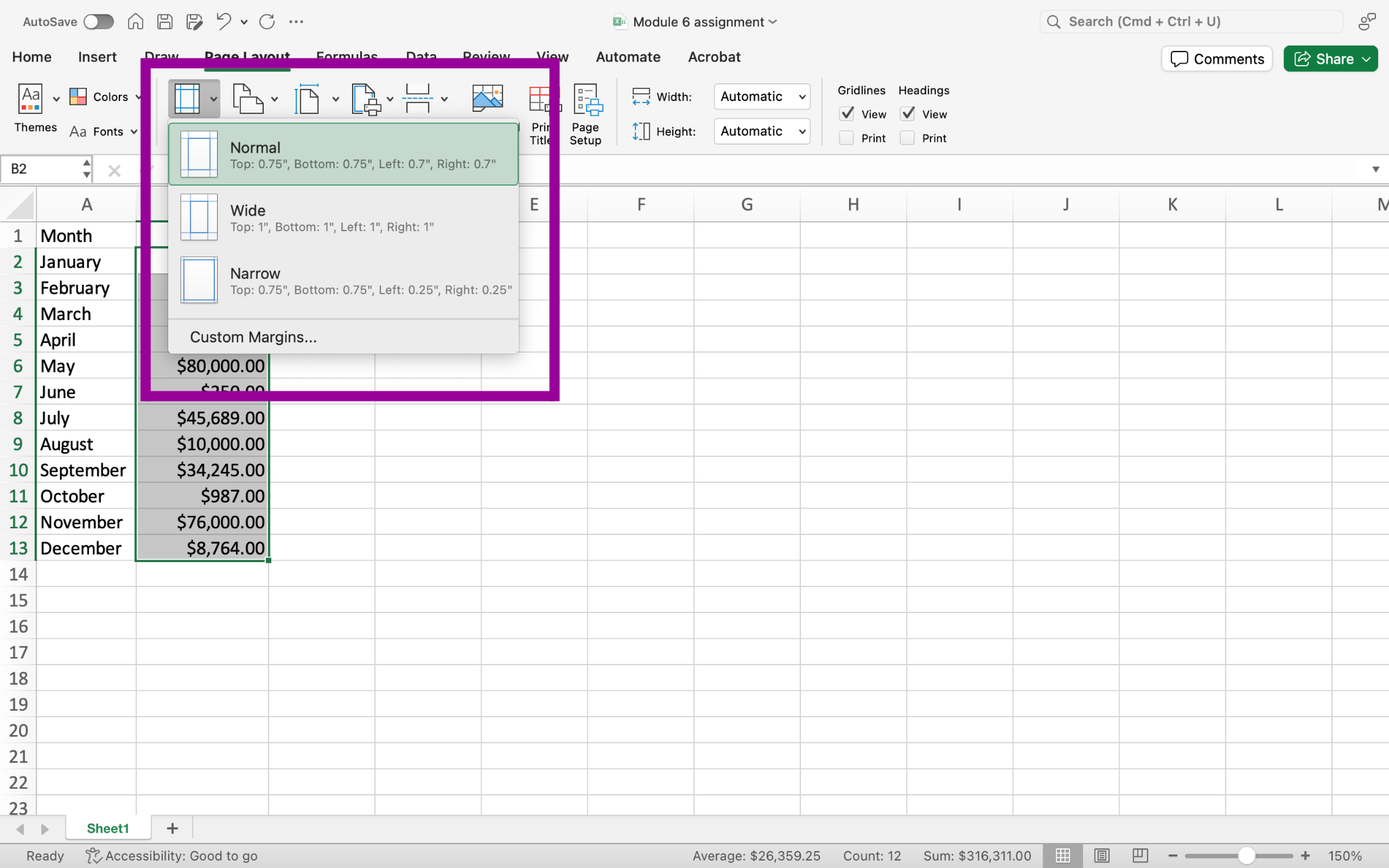 An excel sheet with data entered in columns A and B through row 13. There is a magenta box surrounding the options from the margins dropdown menu.